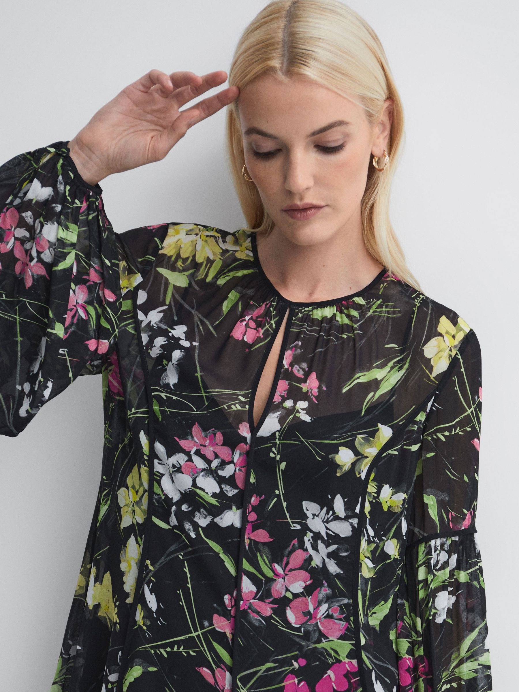 Florere Sheer Floral Mini Dress in Black - Image 3 of 6