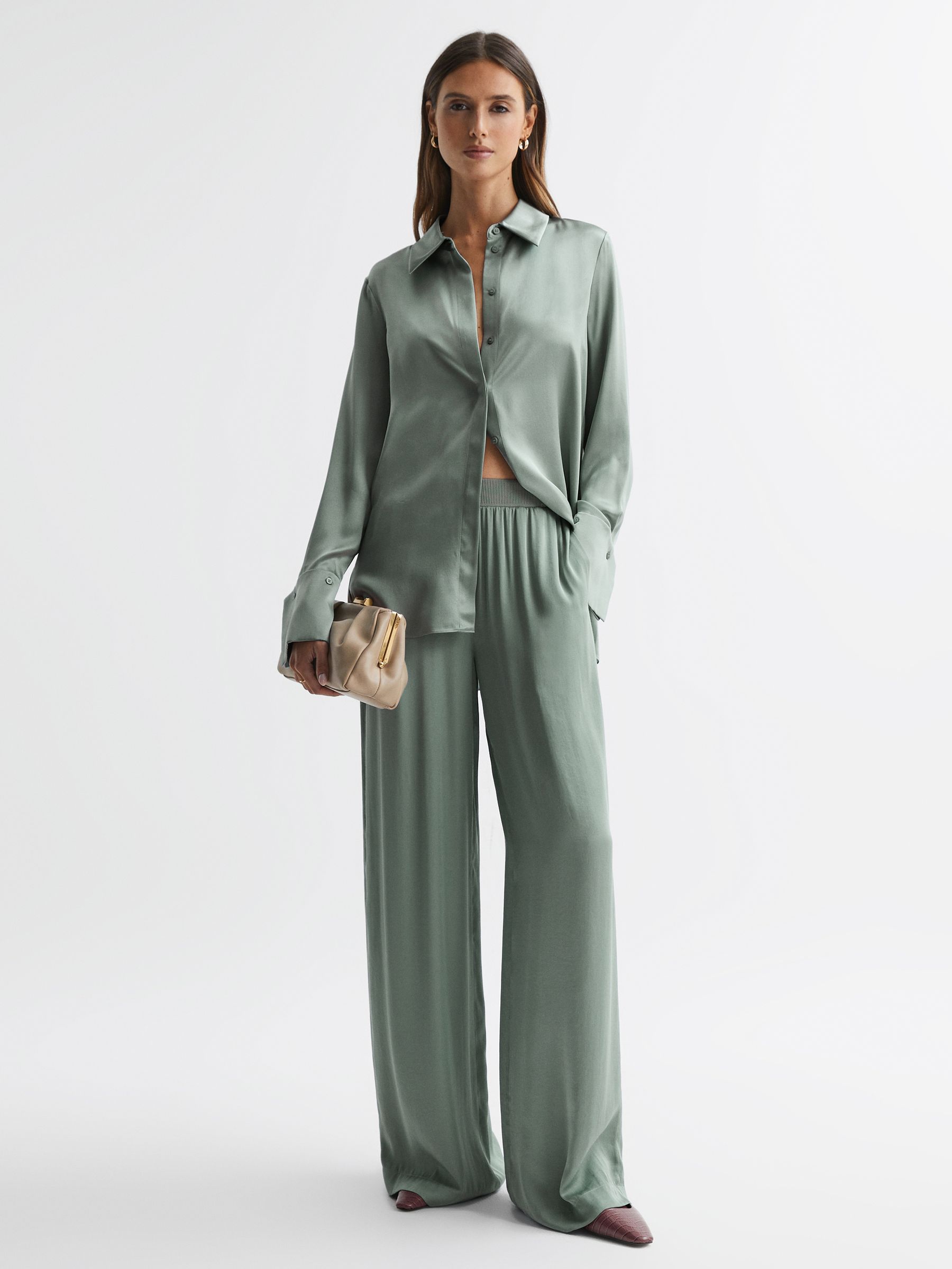 Petite Wide Leg Elasticated Waist Trousers in Sage - Image 4 of 6