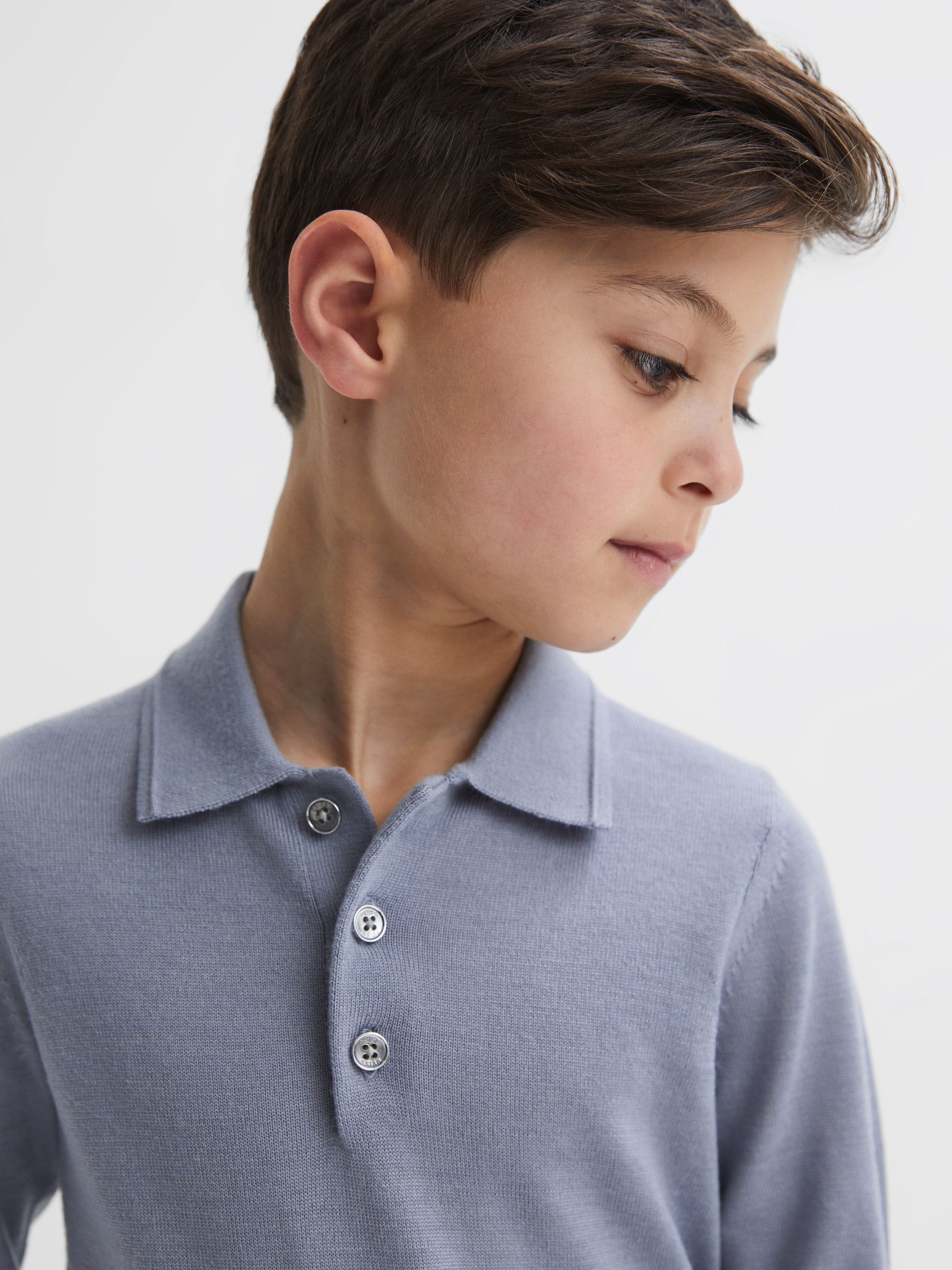 9-14 yrs Merino Wool Polo Shirt in Porcelain Blue - Image 1 of 6 9-14 yrs Merino Wool Polo Shirt in Porcelain Blue - Image 1 of 6