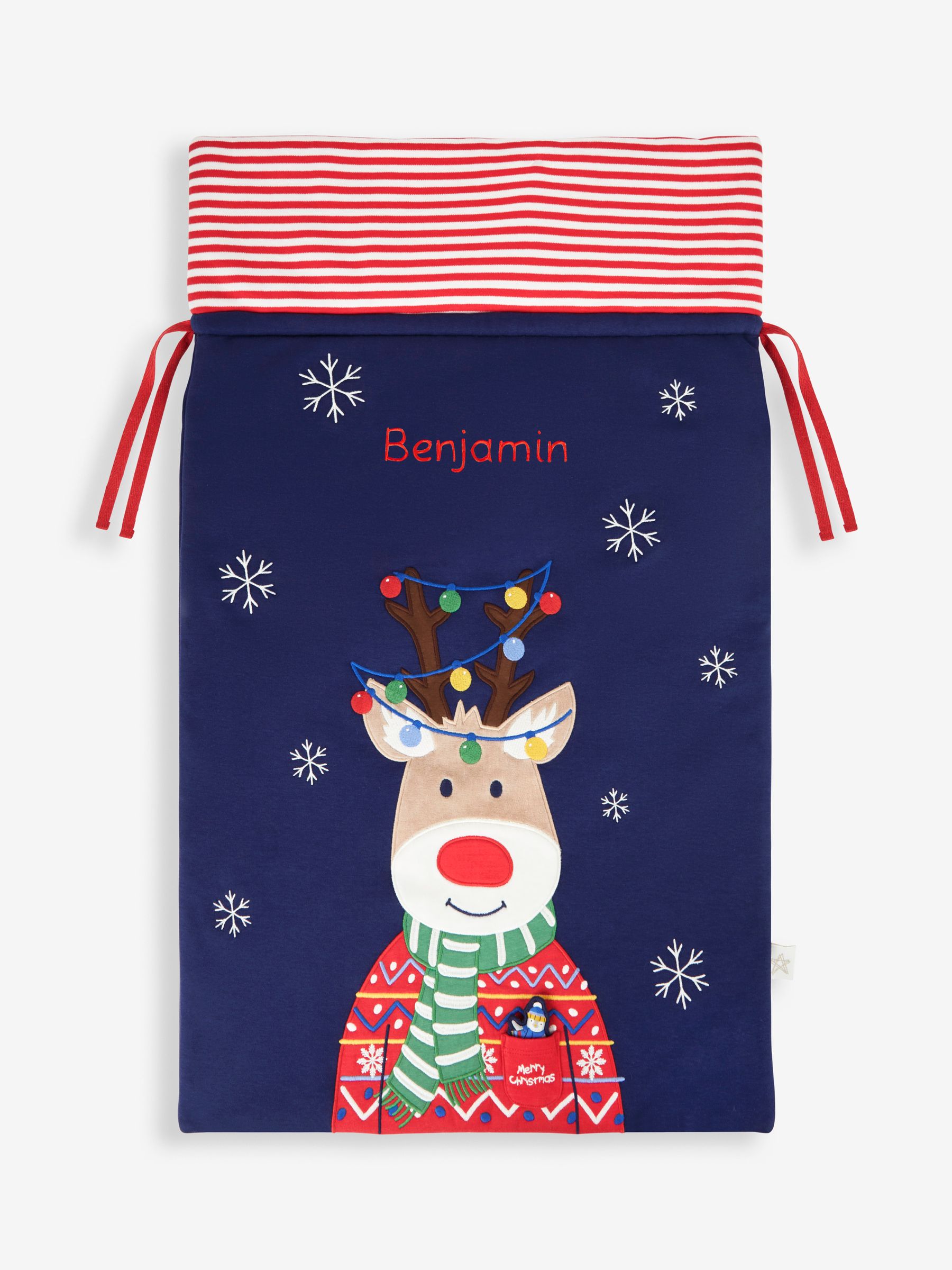 Blue Personalised Reindeer Appliqué Christmas Sack with Pocket Pet - Image 1 of 9