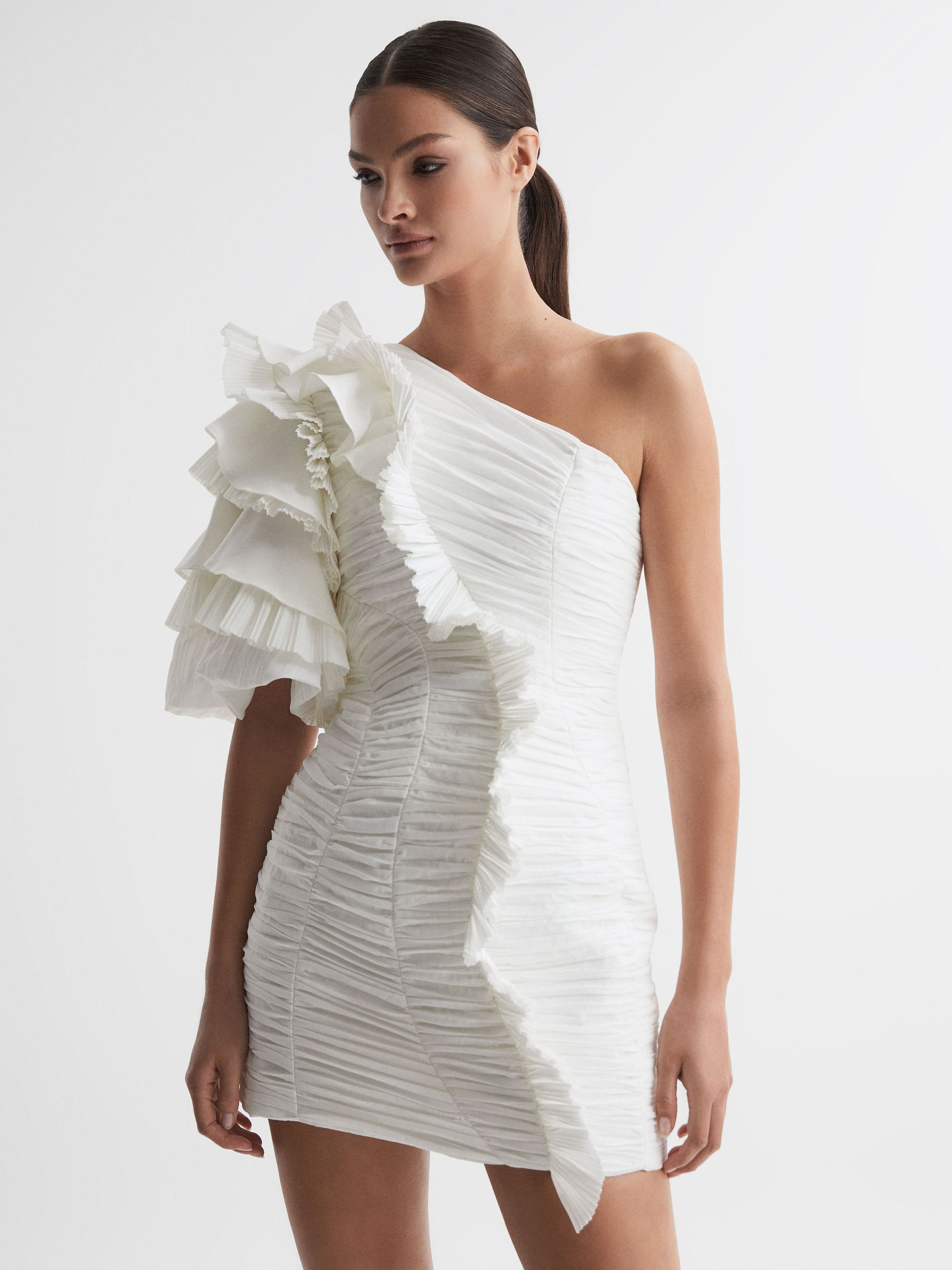 Acler One-Shoulder Ruffle Mini Dress in Ivory - Image 4 of 7