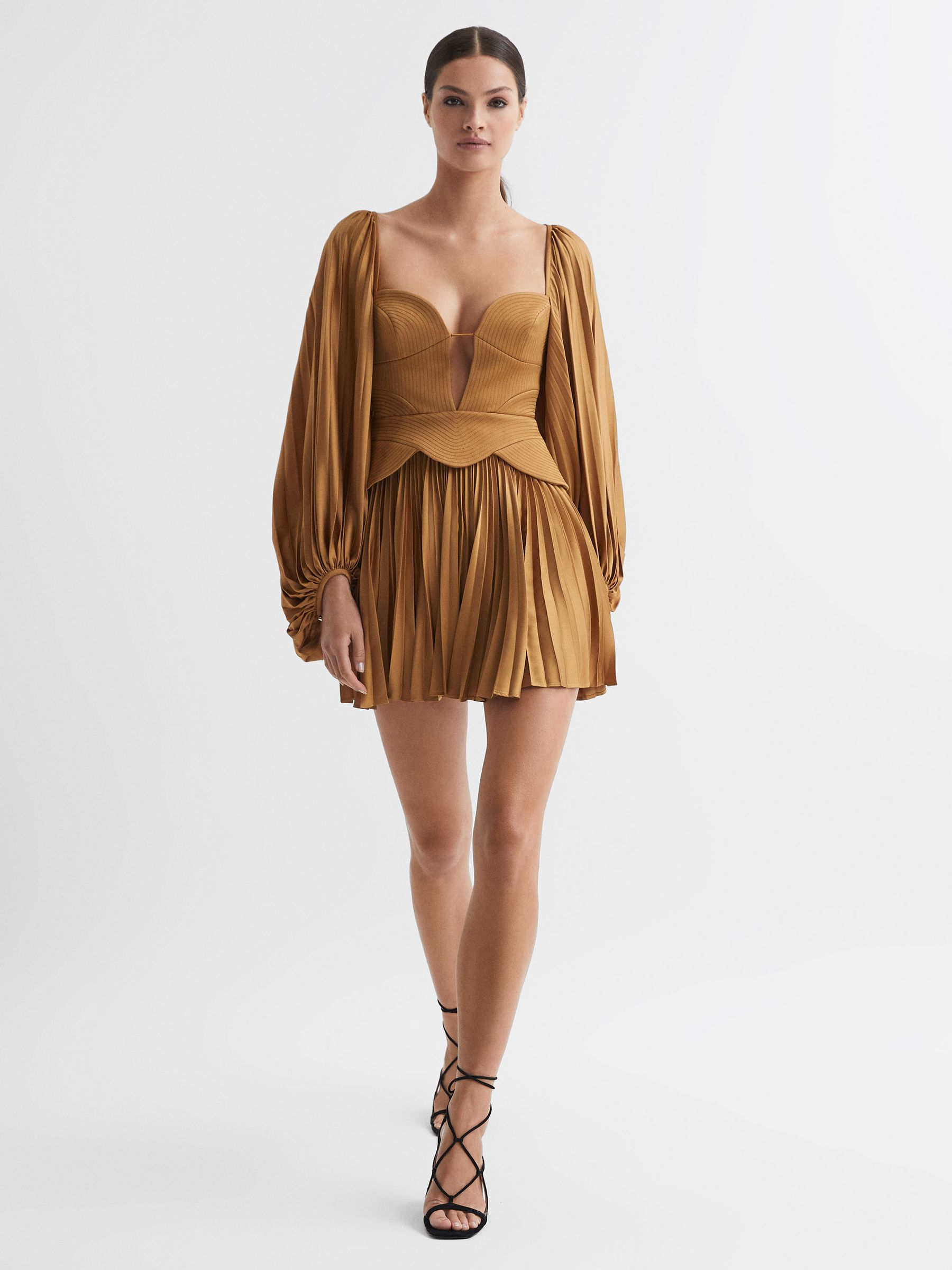 Acler Peplum Pleated Mini Dress in Gold - Image 3 of 7