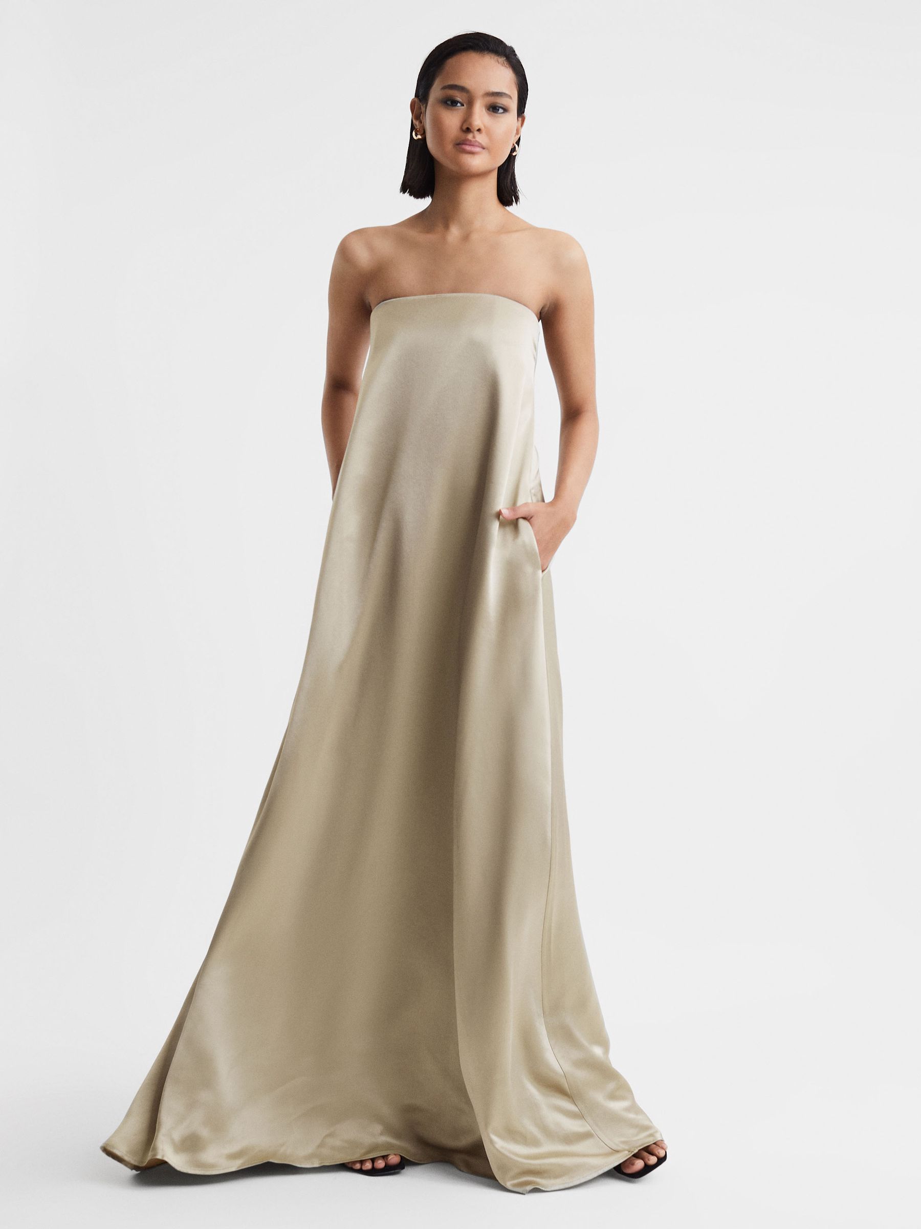 Anna Quan Japanese Satin Strapless Maxi Dress in Taupe - Image 1 of 5