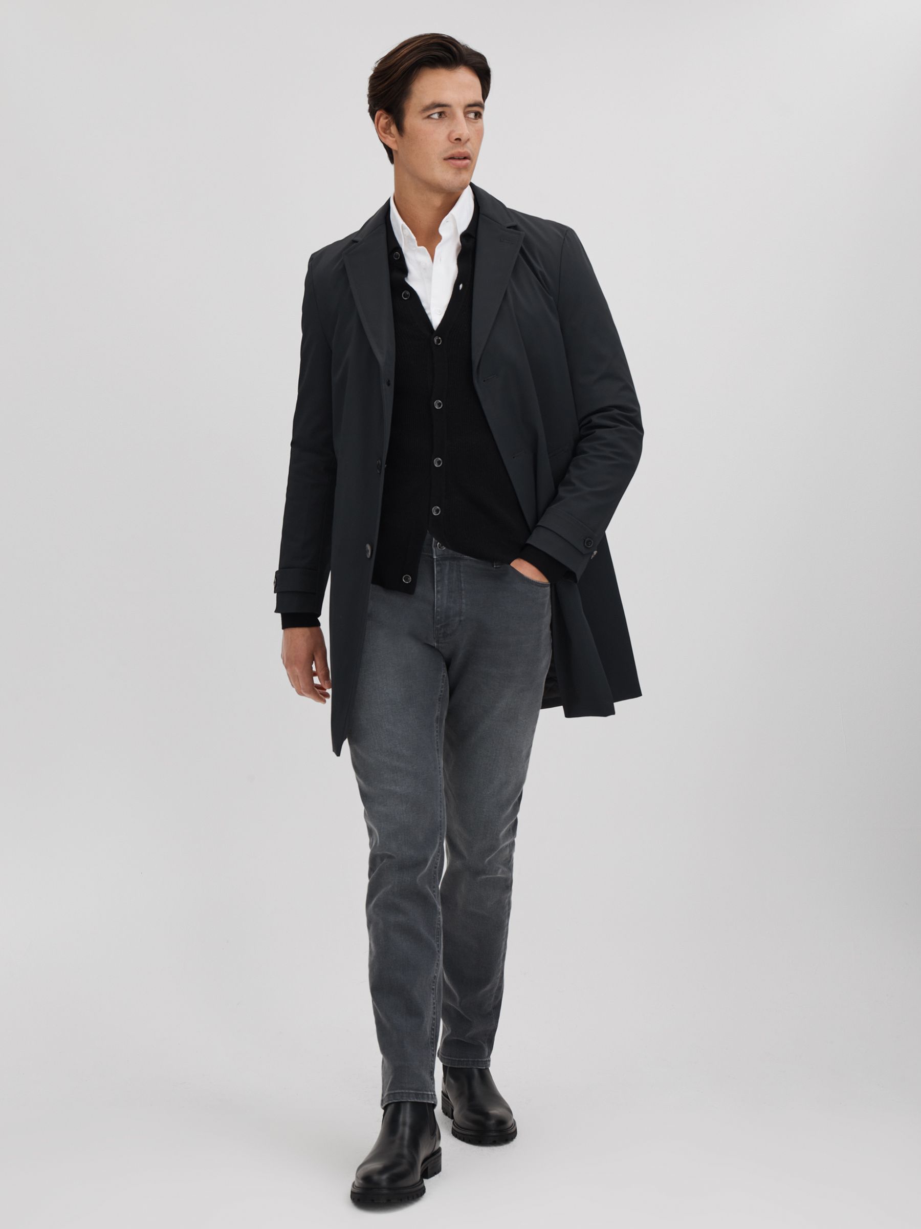 Single Breasted Mid Length Coat in Navy - Image 3 of 6