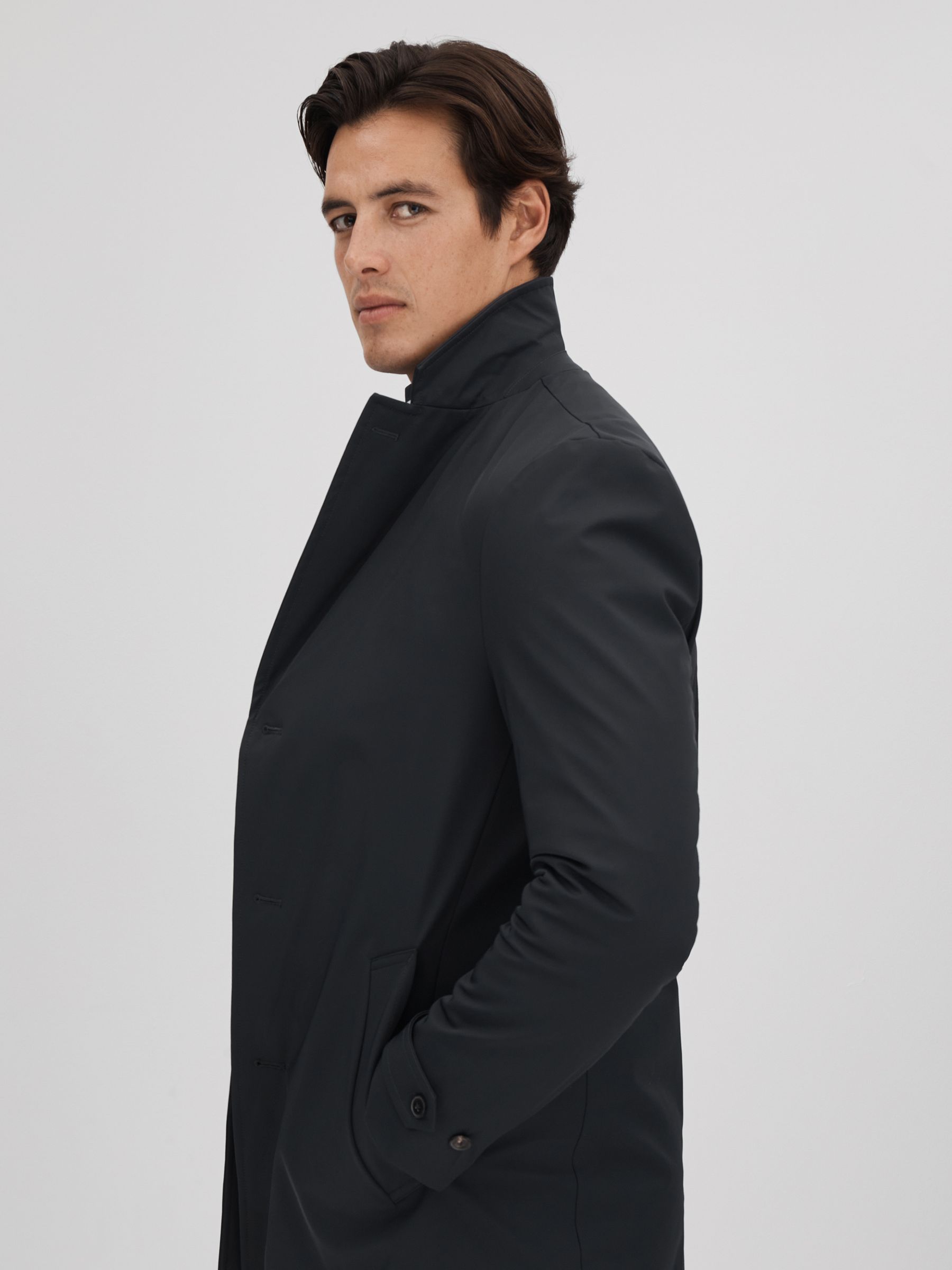 Single Breasted Mid Length Coat in Navy - Image 4 of 6