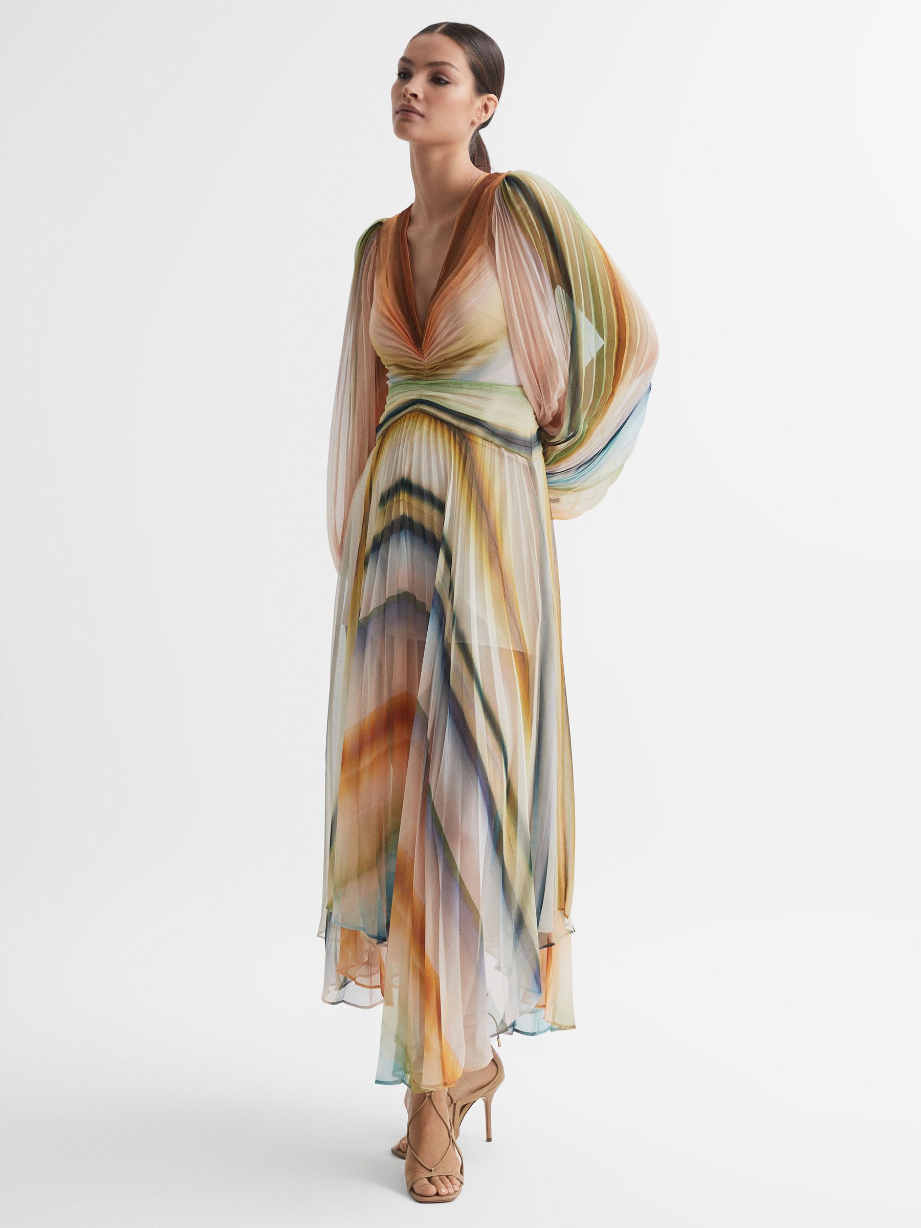 Acler Sheer Asymmetric Midi Dress in Watercolour Stripe - Image 1 of 8
