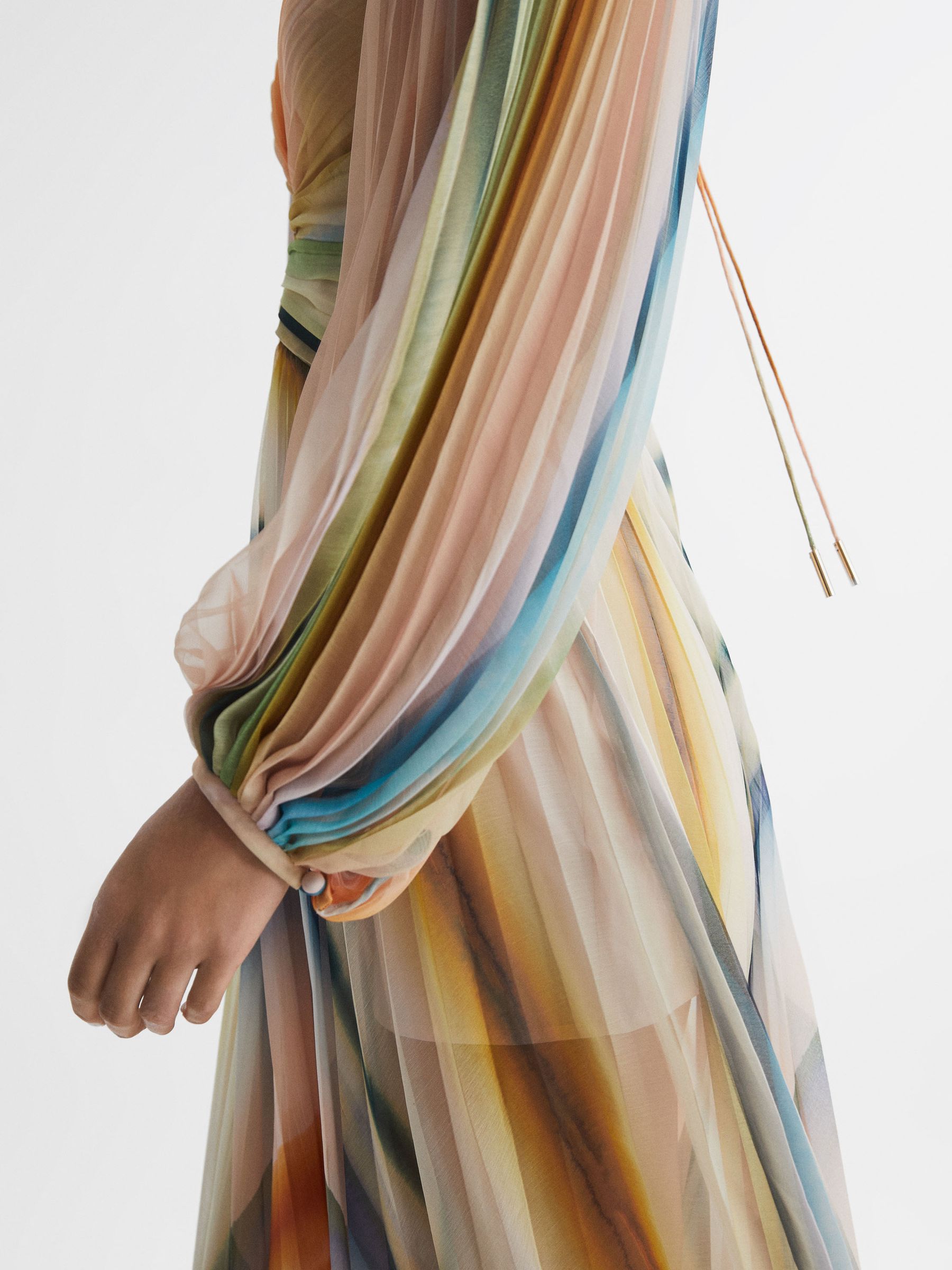 Acler Sheer Asymmetric Midi Dress in Watercolour Stripe - Image 3 of 8