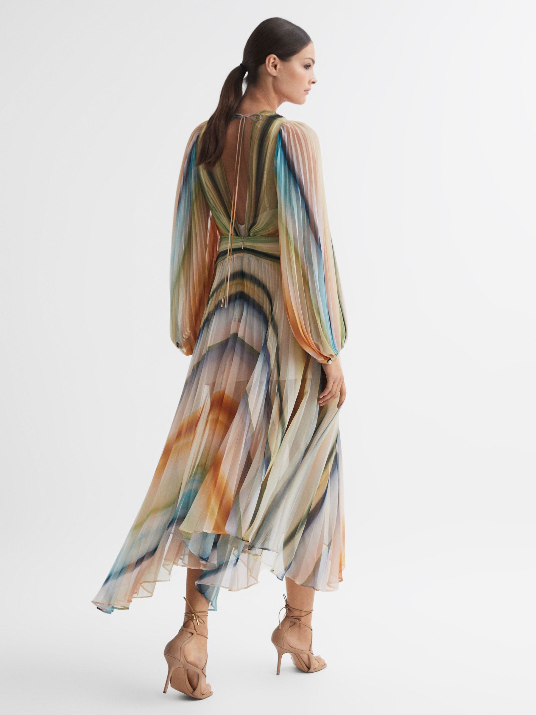Acler Sheer Asymmetric Midi Dress in Watercolour Stripe - Image 5 of 8