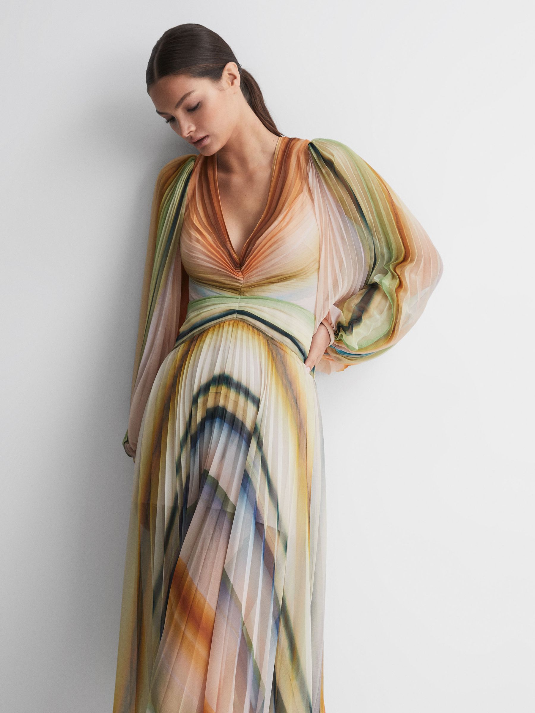 Acler Sheer Asymmetric Midi Dress in Watercolour Stripe - Image 7 of 8