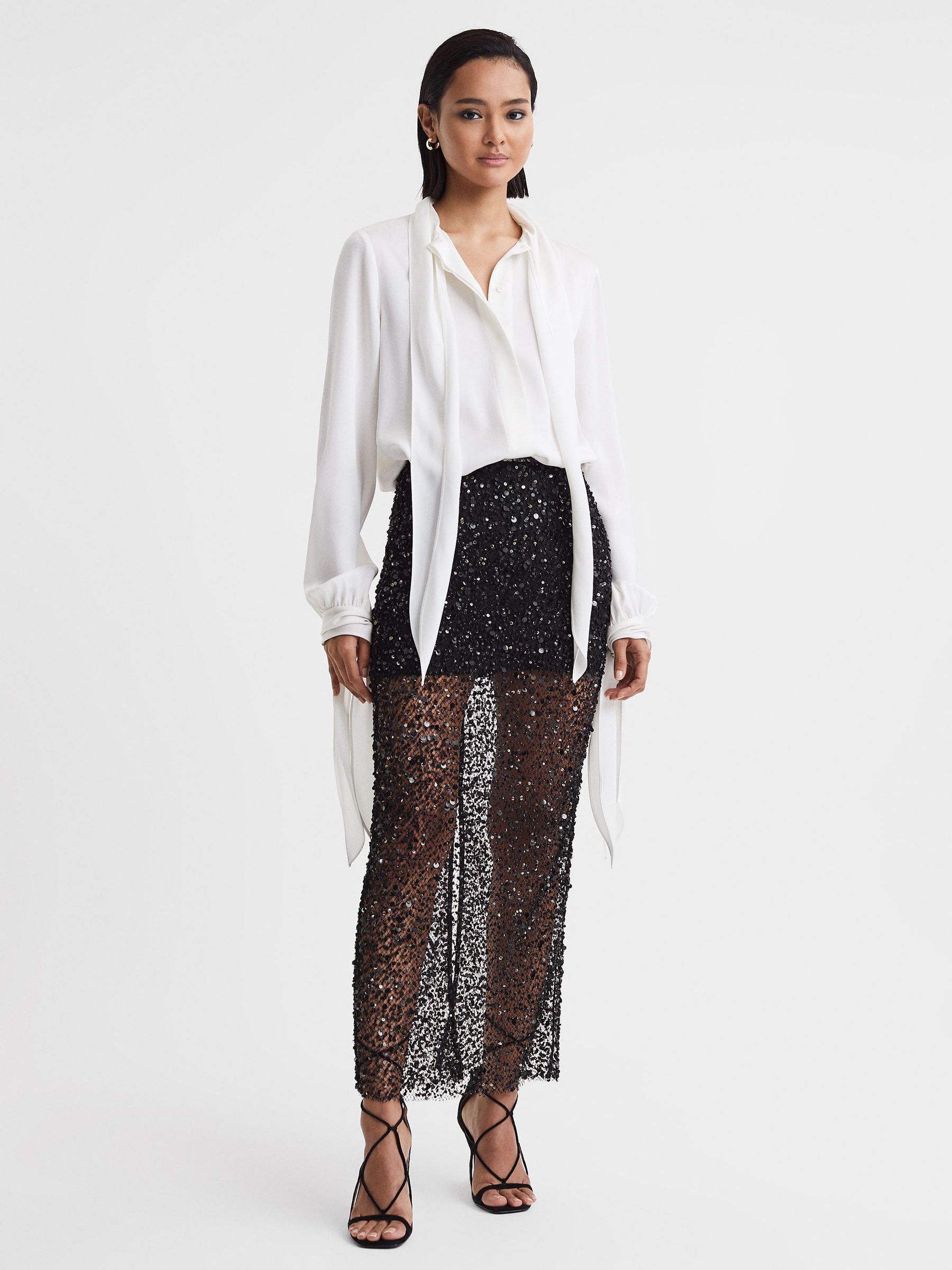 Anna Quan Embellished Netted Midi Skirt in Black - Image 1 of 6