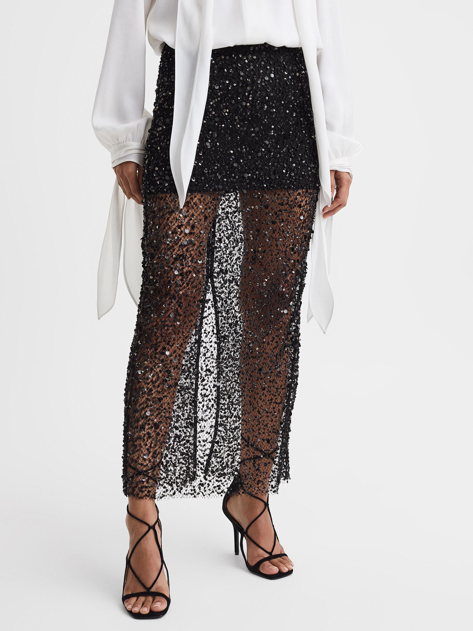 Anna Quan Embellished Netted Midi Skirt in Black - Image 3 of 6