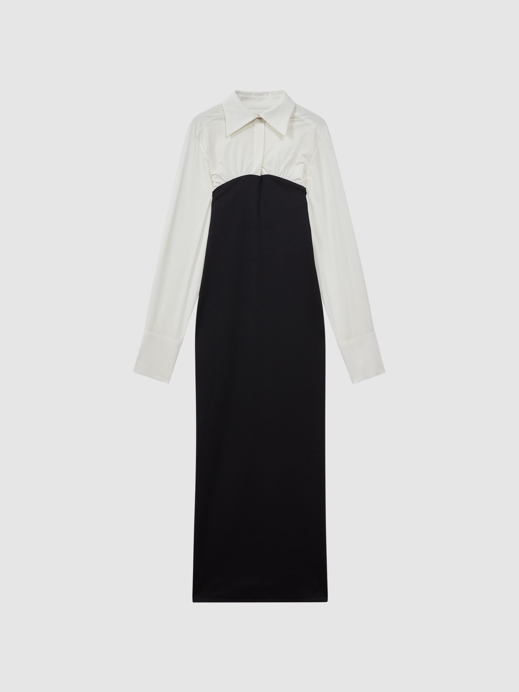 Reiss Anna Quan Hybrid Shirt Jersey Maxi Dress in Swan Black | REISS