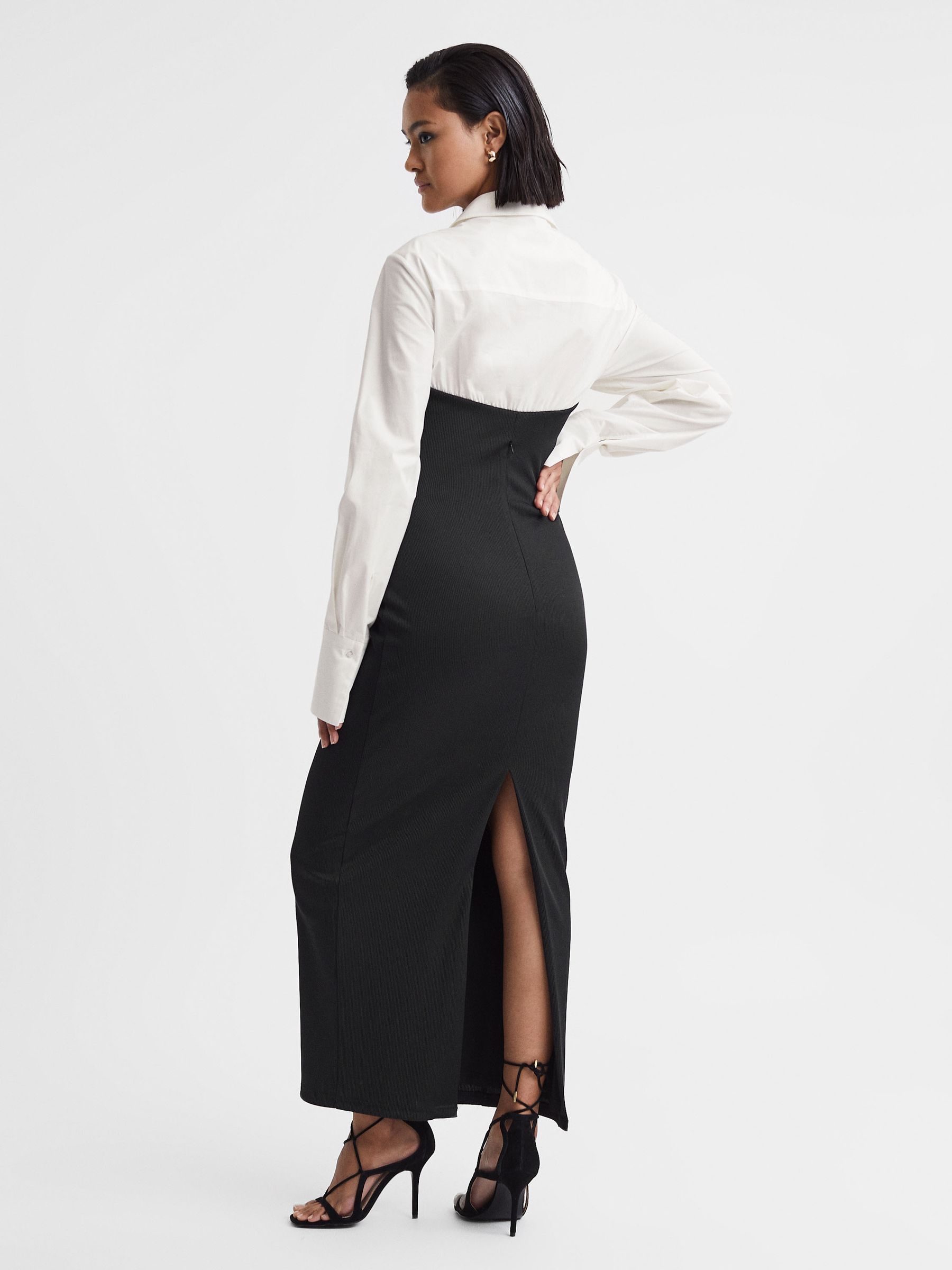 Reiss Anna Quan Hybrid Shirt Jersey Maxi Dress in Swan Black | REISS