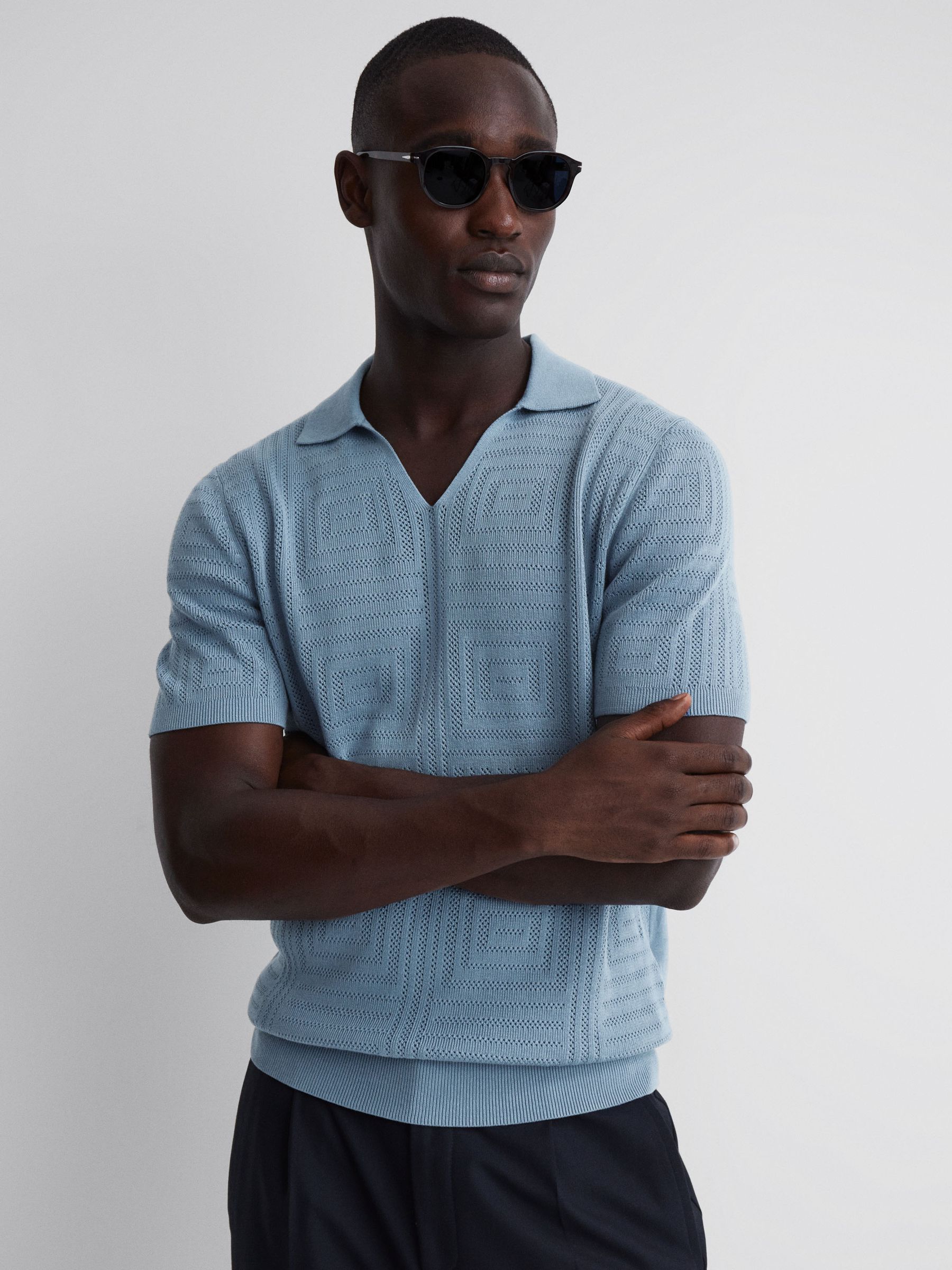 Slim Fit Knitted Cotton Shirt in Porcelain Blue - Image 1 of 4