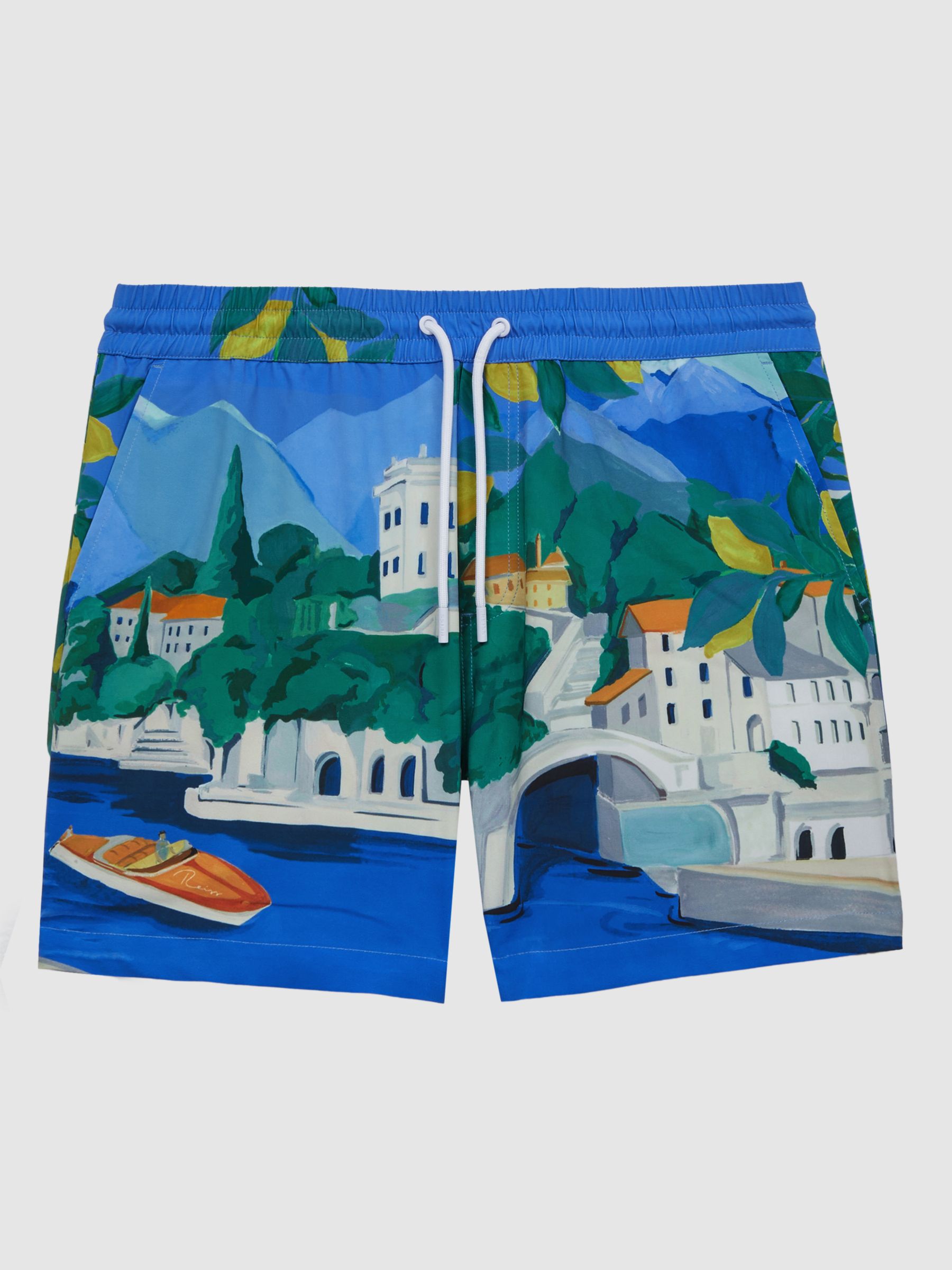 Reiss | Ché Bespoke Print Drawstring Swim Shorts in Blue Multi - Image 2 of 6