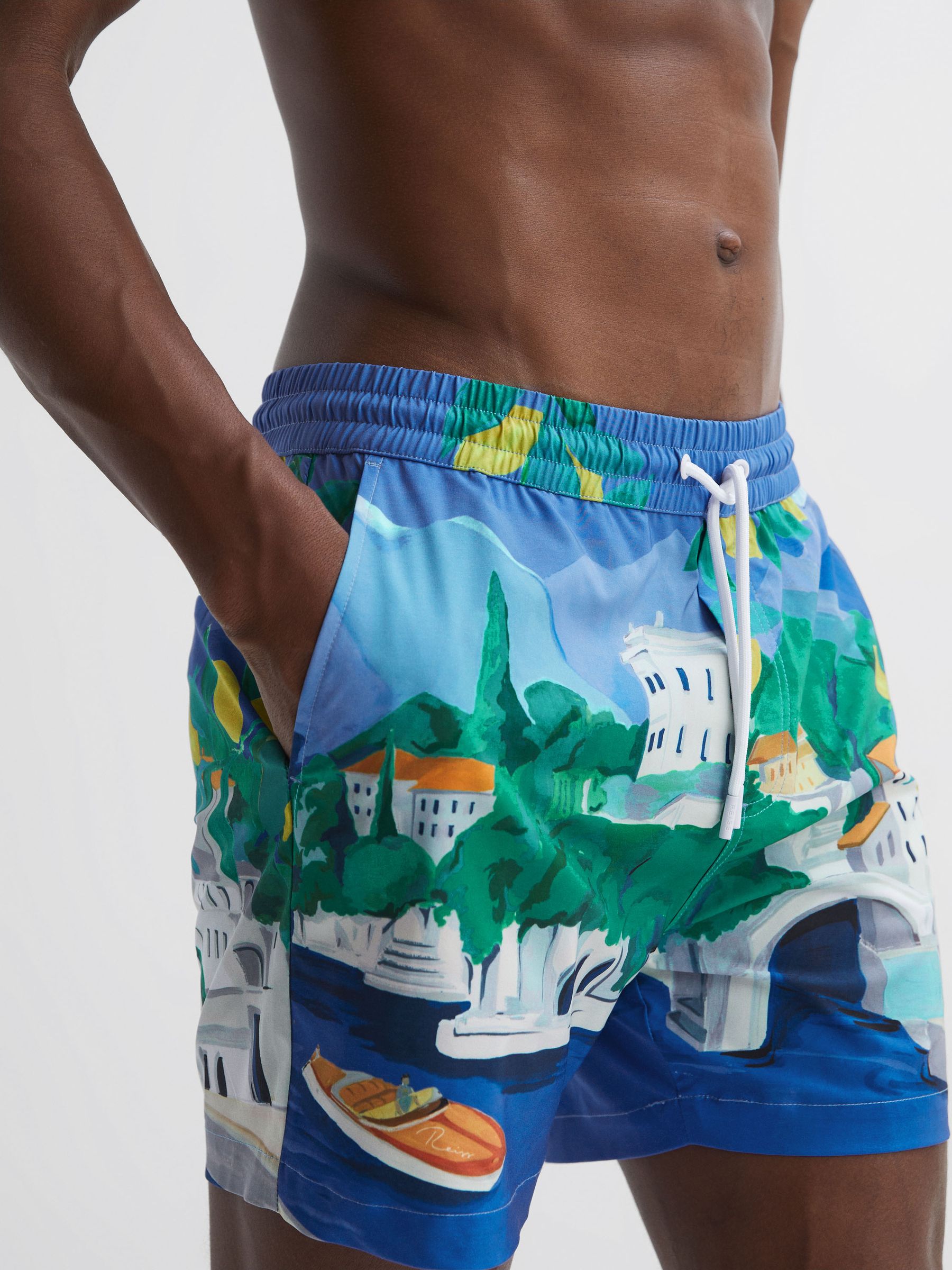Reiss | Ché Bespoke Print Drawstring Swim Shorts in Blue Multi - Image 4 of 6