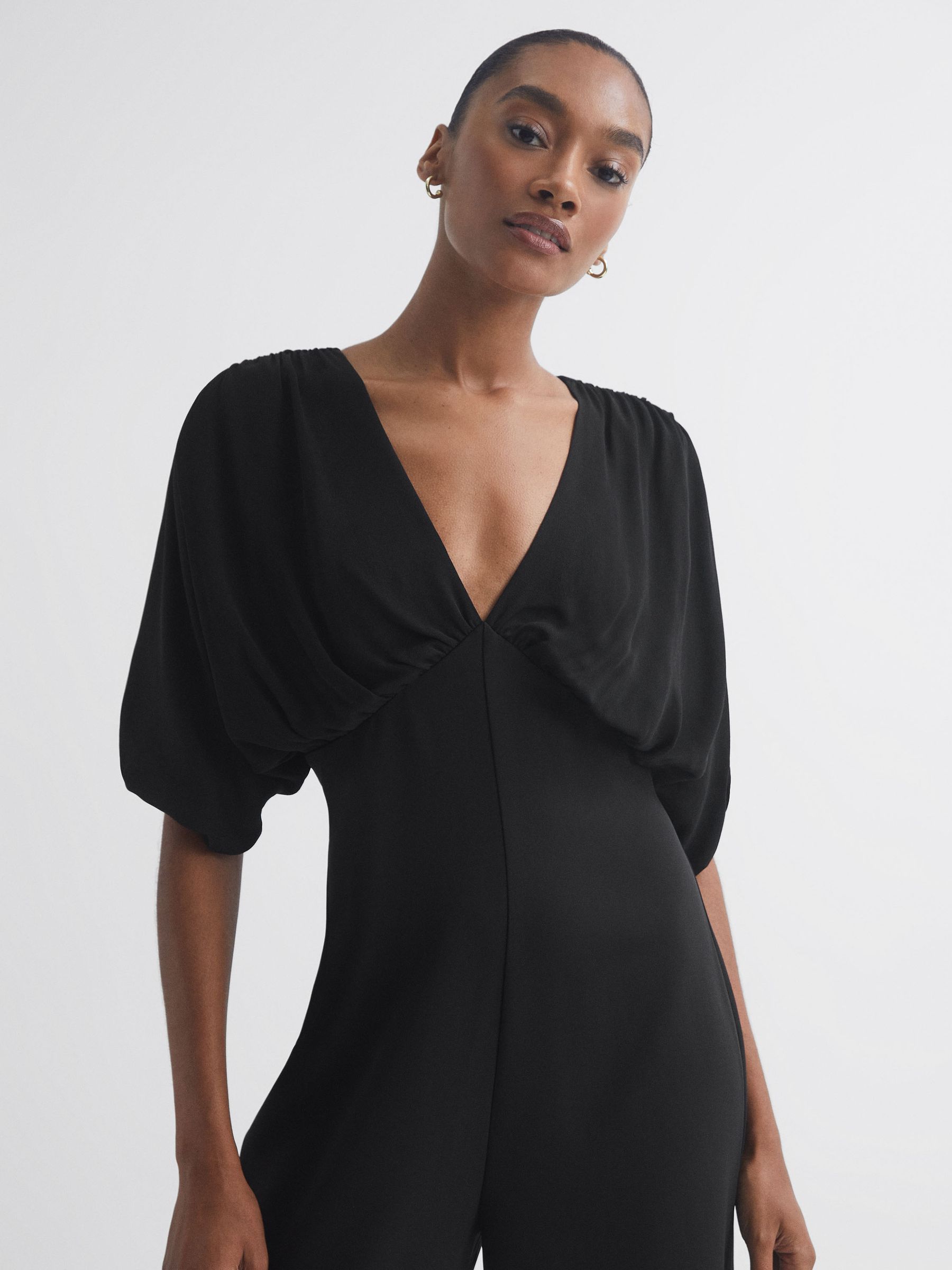 Florere Plunge Neck Wide Leg Jumpsuit in Black - Image 3 of 6