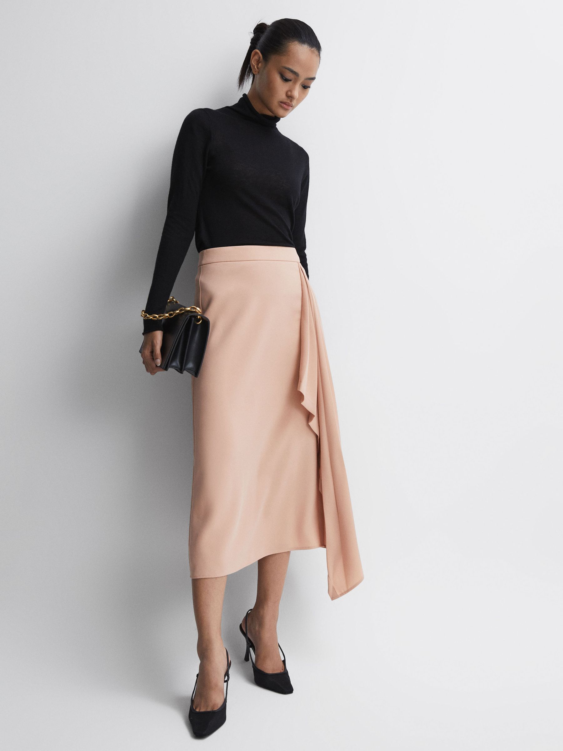 High Rise Ruffle Midi Skirt in Camel - Image 3 of 5