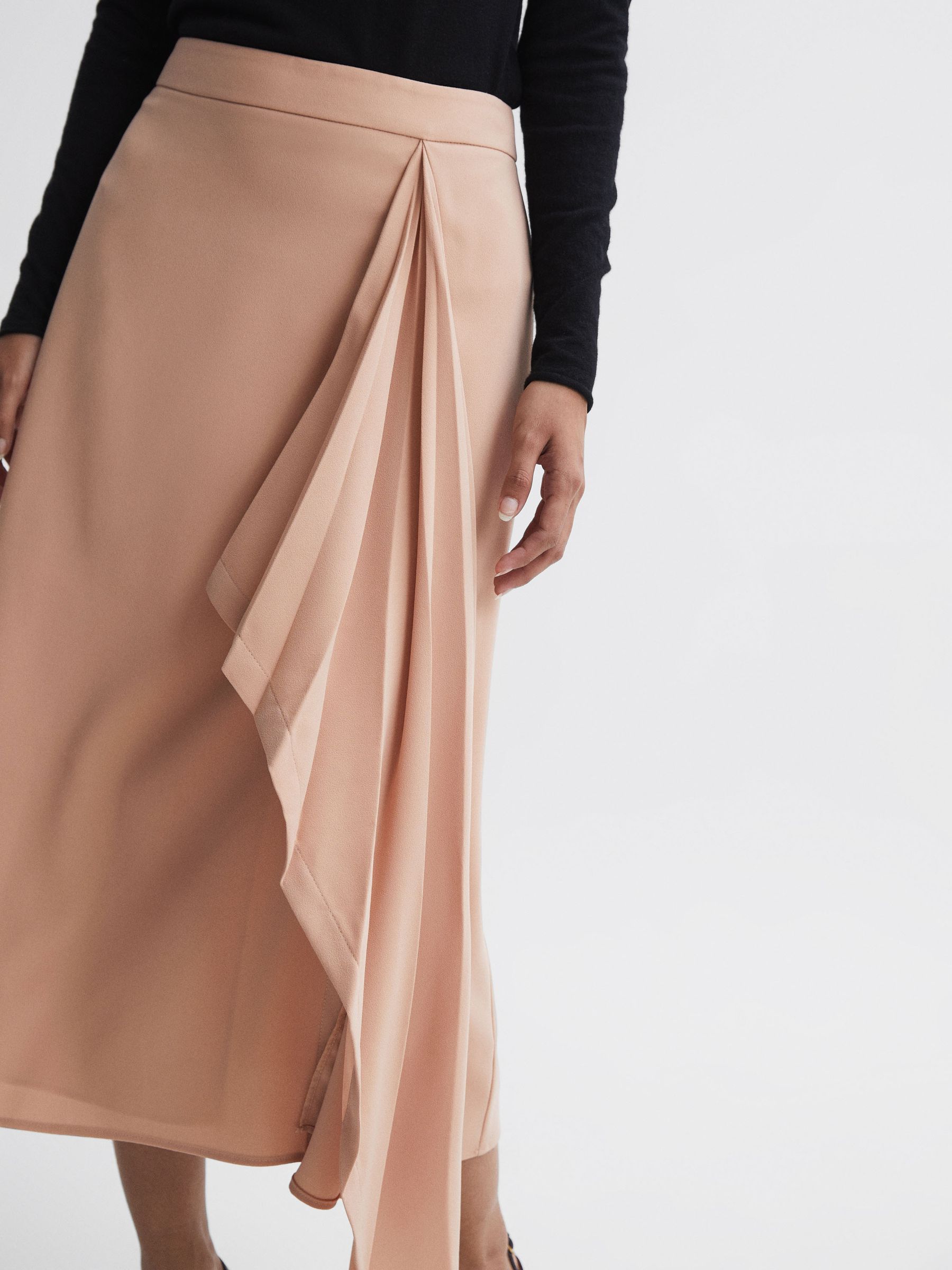 High Rise Ruffle Midi Skirt in Camel - Image 4 of 5