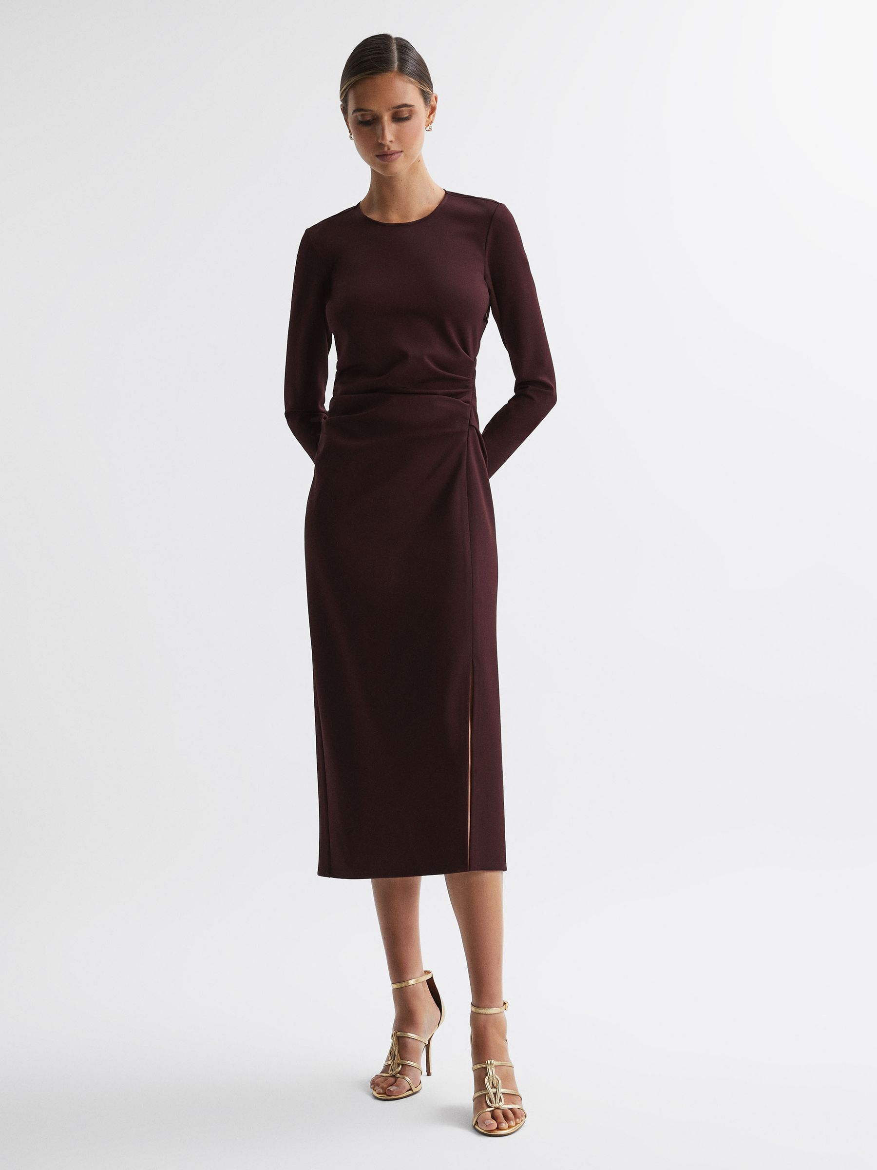 Ruched Bodycon Midi Dress in Burgundy - Image 1 of 5