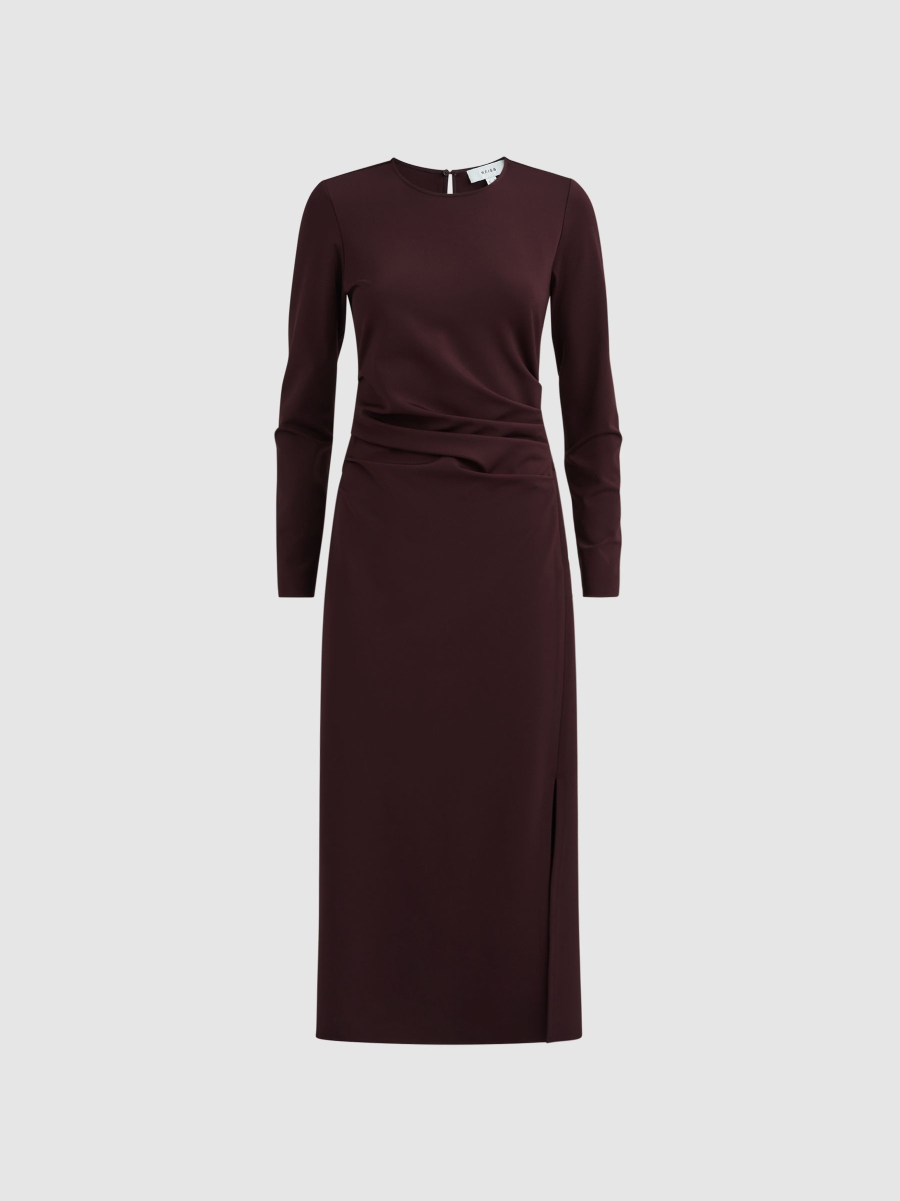 Ruched Bodycon Midi Dress in Burgundy - Image 2 of 5