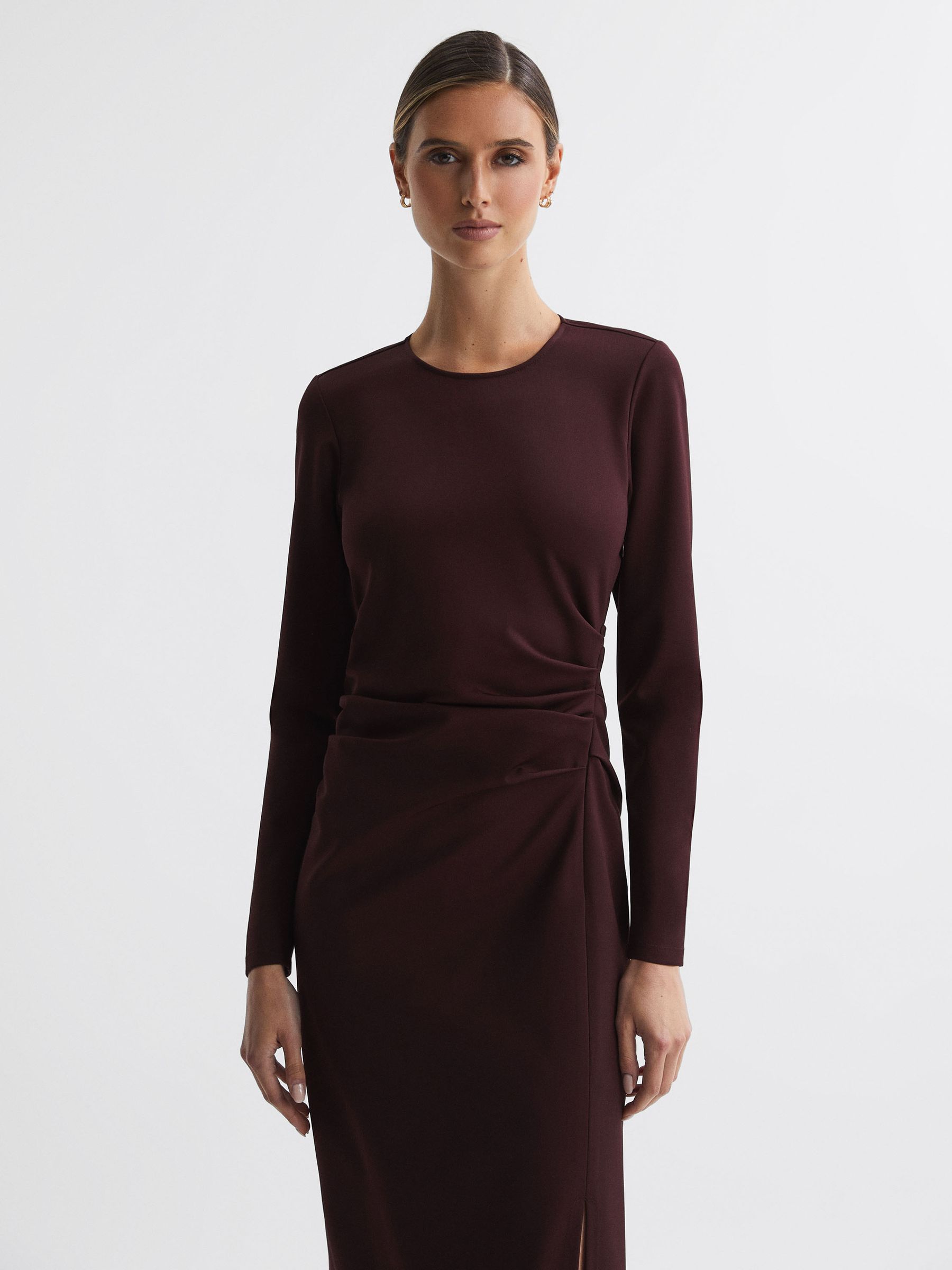 Ruched Bodycon Midi Dress in Burgundy - Image 3 of 5