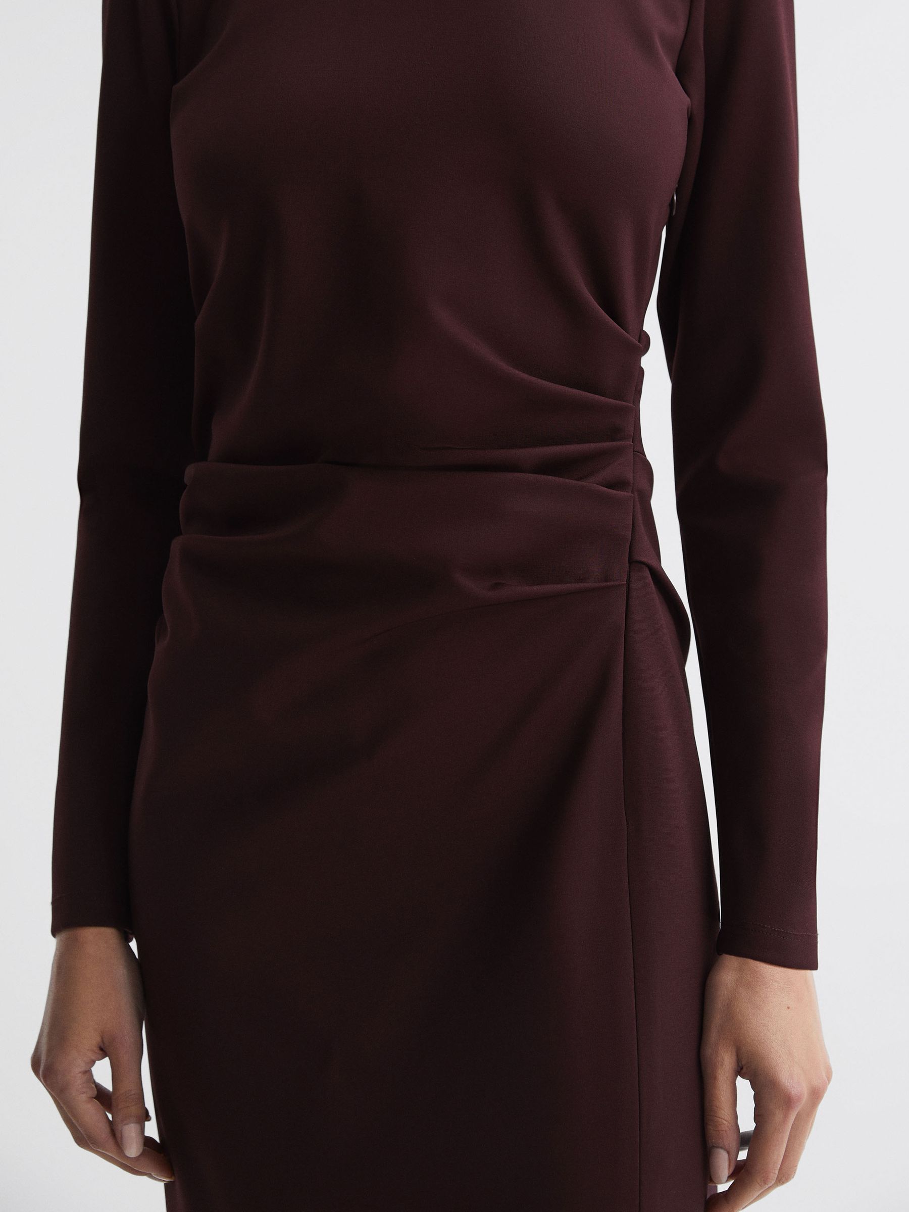 Ruched Bodycon Midi Dress in Burgundy - Image 4 of 5