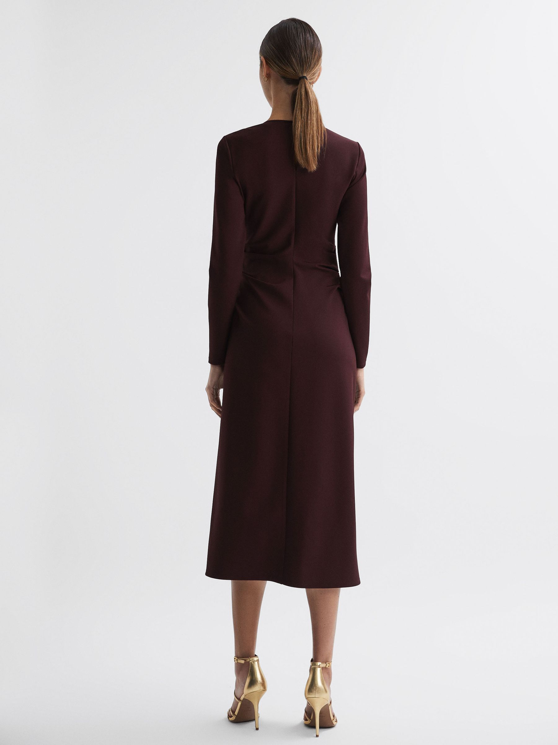 Ruched Bodycon Midi Dress in Burgundy - Image 5 of 5