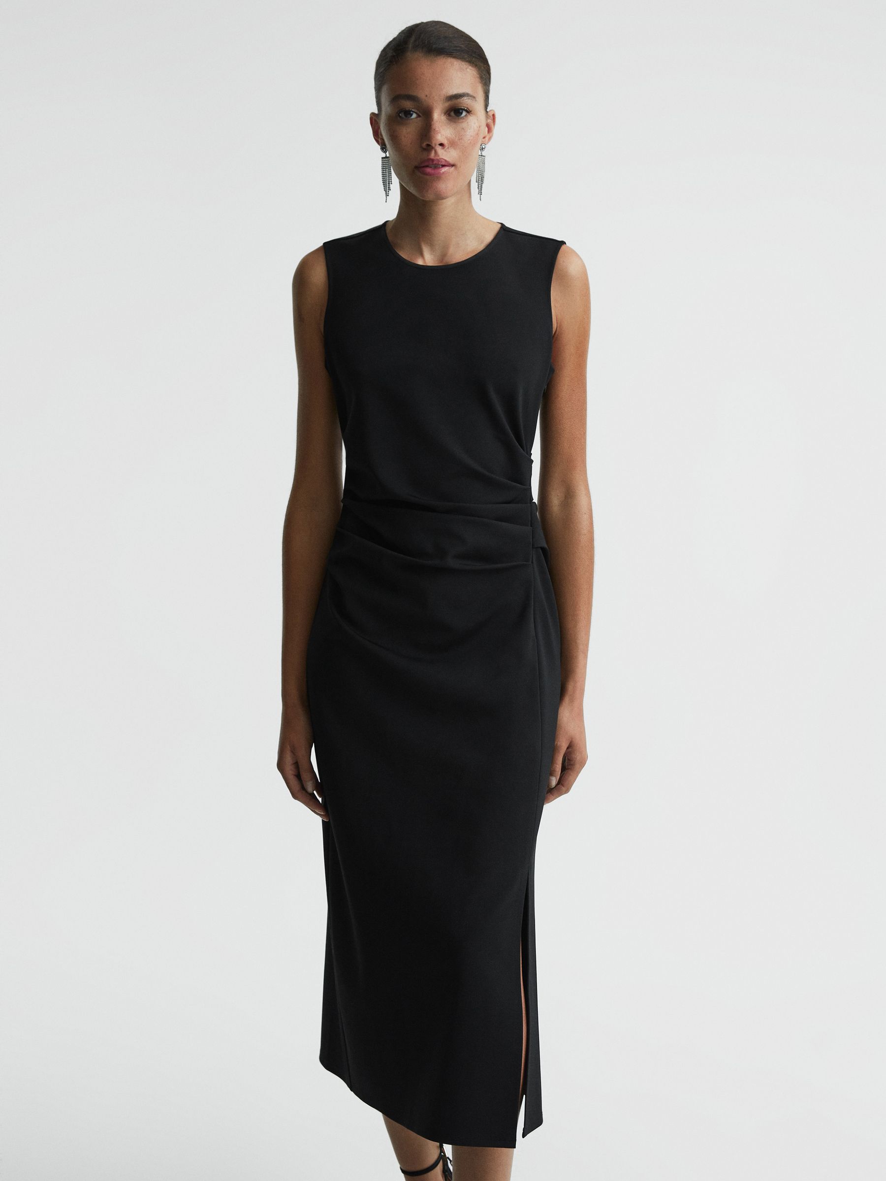 Ruched Bodycon Midi Dress in Black - Image 1 of 5