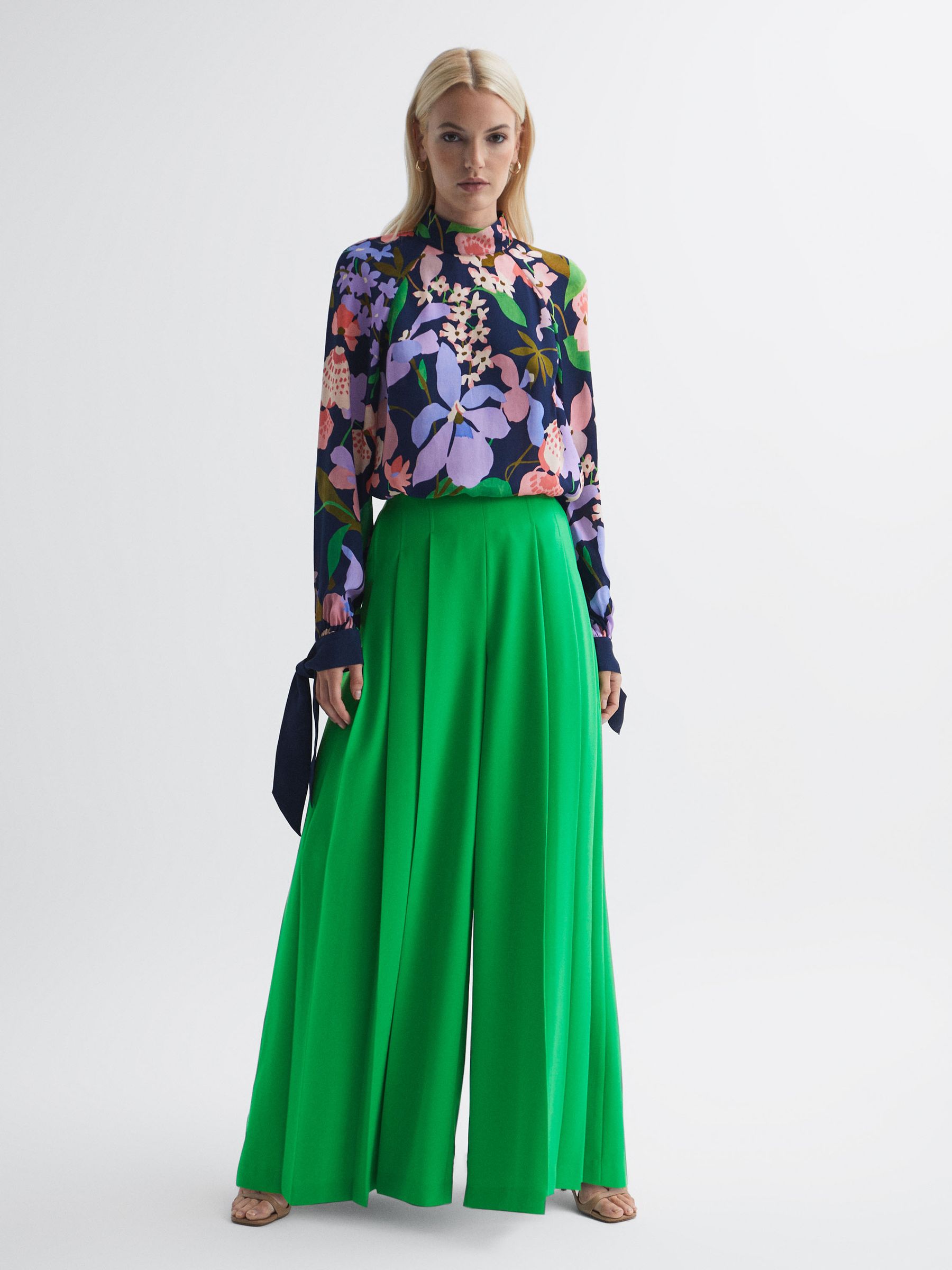 Florere Wide Leg Pleated Trousers in Bright Green - Image 1 of 5