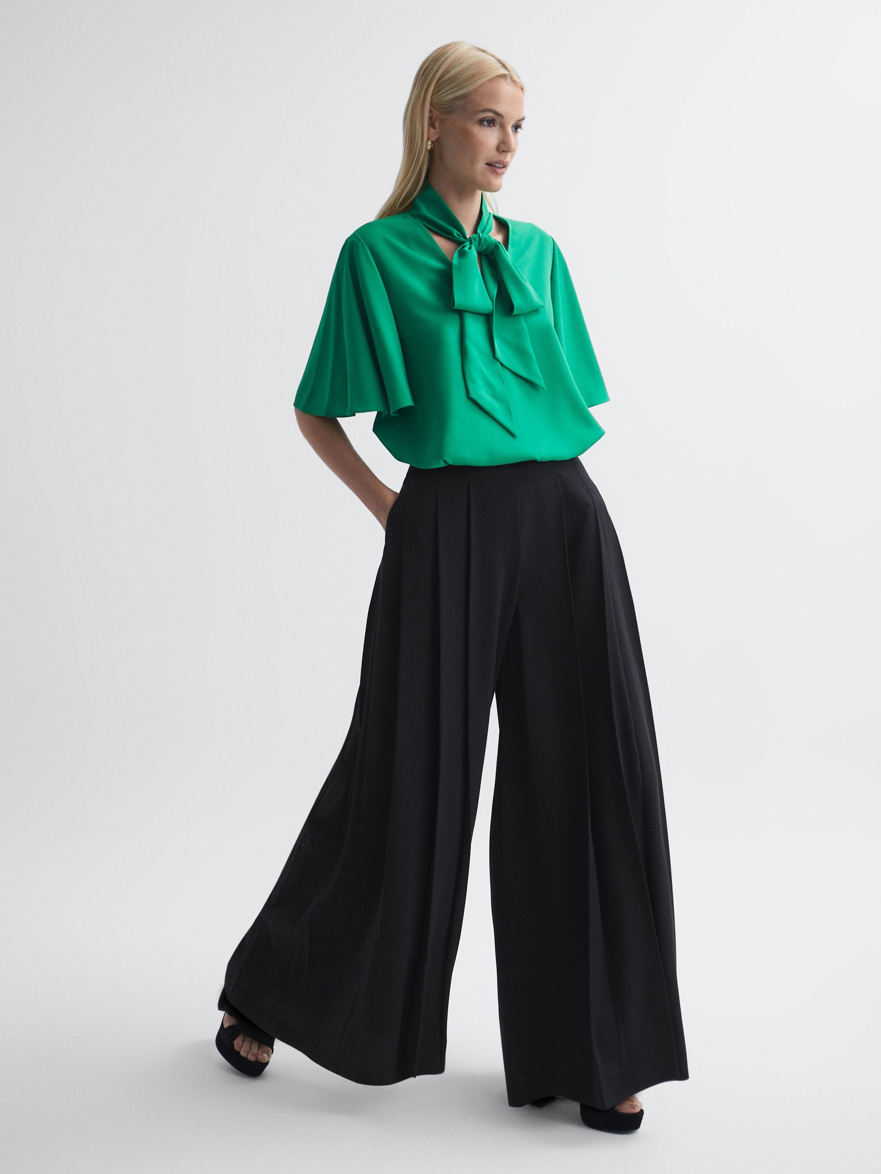 Florere Wide Leg Pleated Trousers in Black - Image 1 of 6