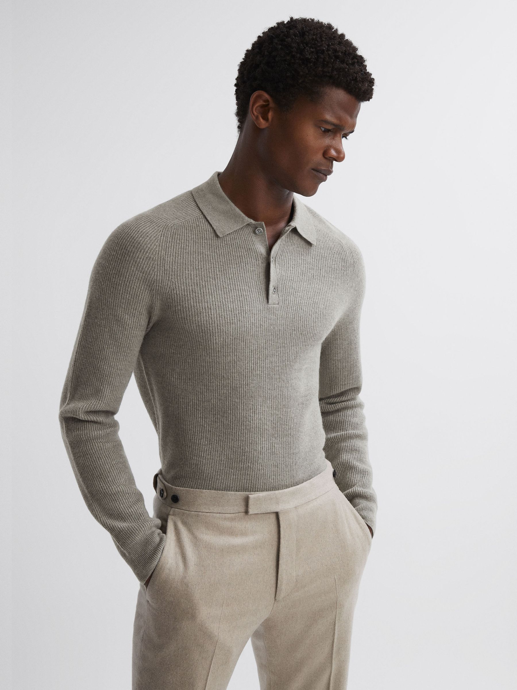 Wool Long Sleeve Polo Shirt in Sage Melange - Image 1 of 5