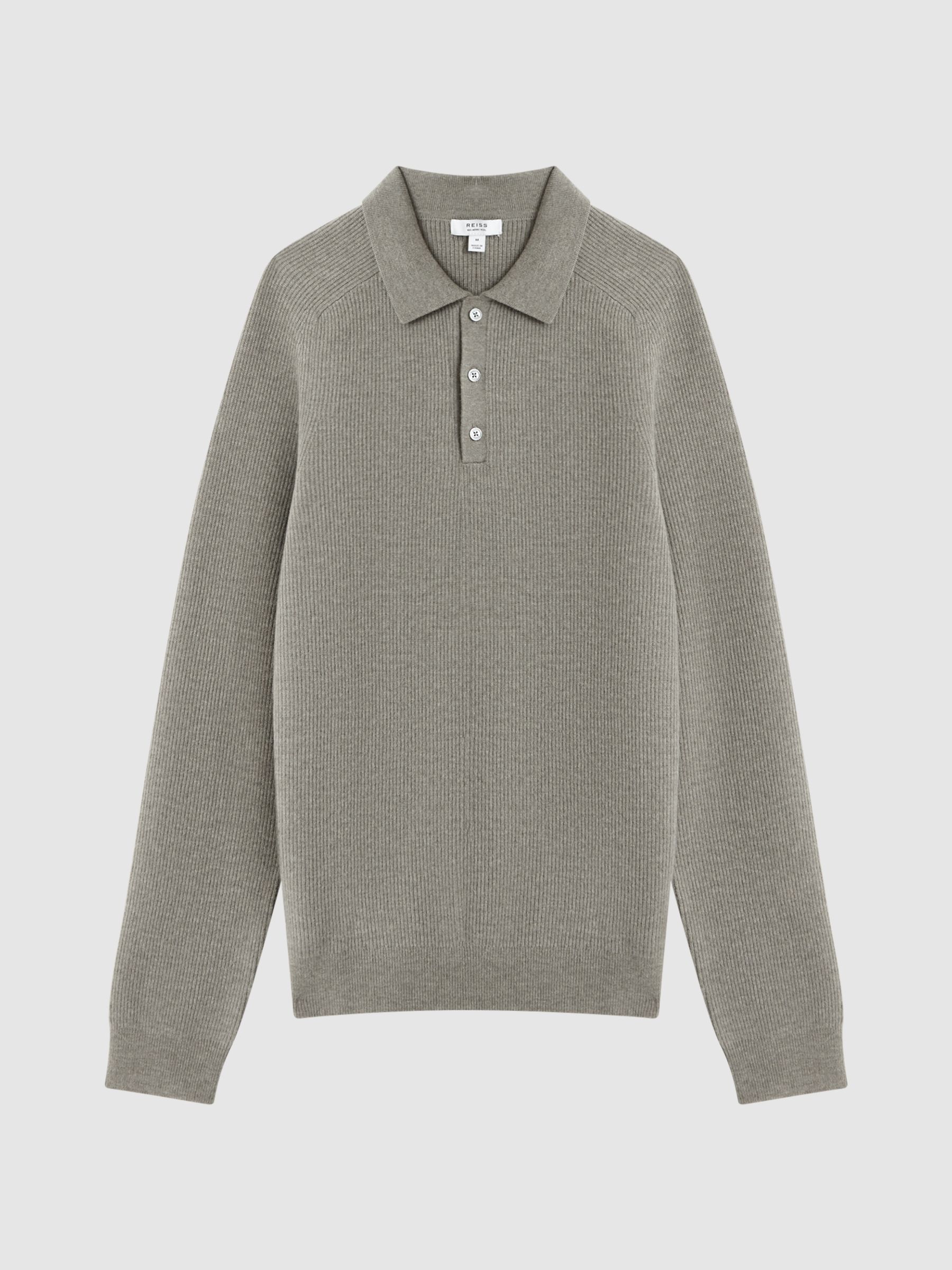 Wool Long Sleeve Polo Shirt in Sage Melange - Image 2 of 5