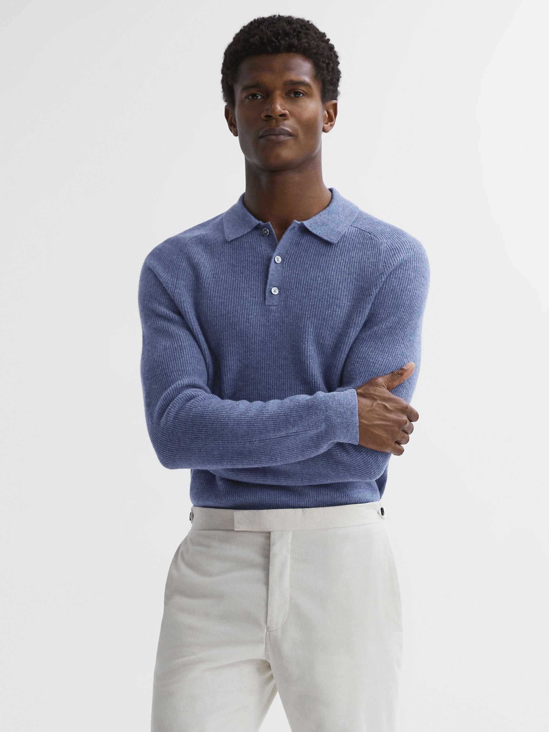 Wool Long Sleeve Polo Shirt in Blue Melange - Image 1 of 4