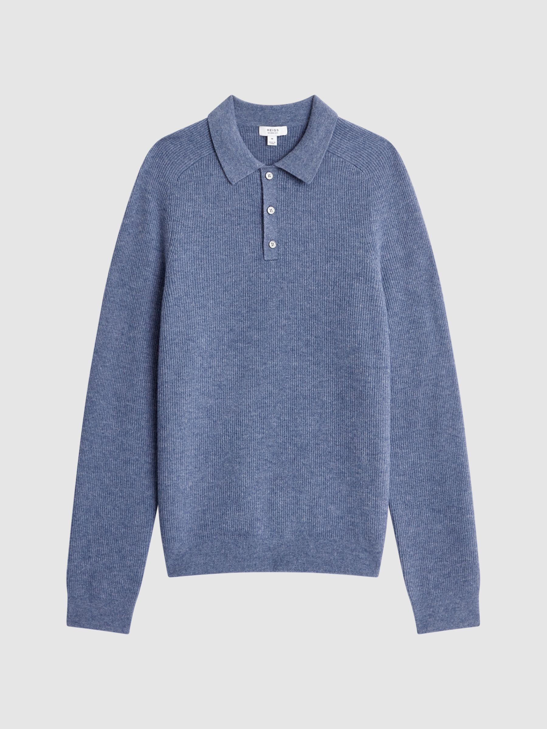 Wool Long Sleeve Polo Shirt in Blue Melange - Image 2 of 4
