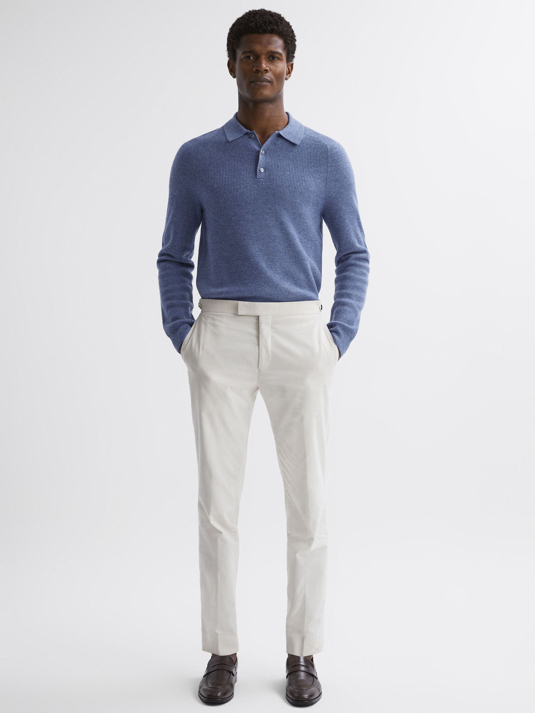 Wool Long Sleeve Polo Shirt in Blue Melange - Image 3 of 4