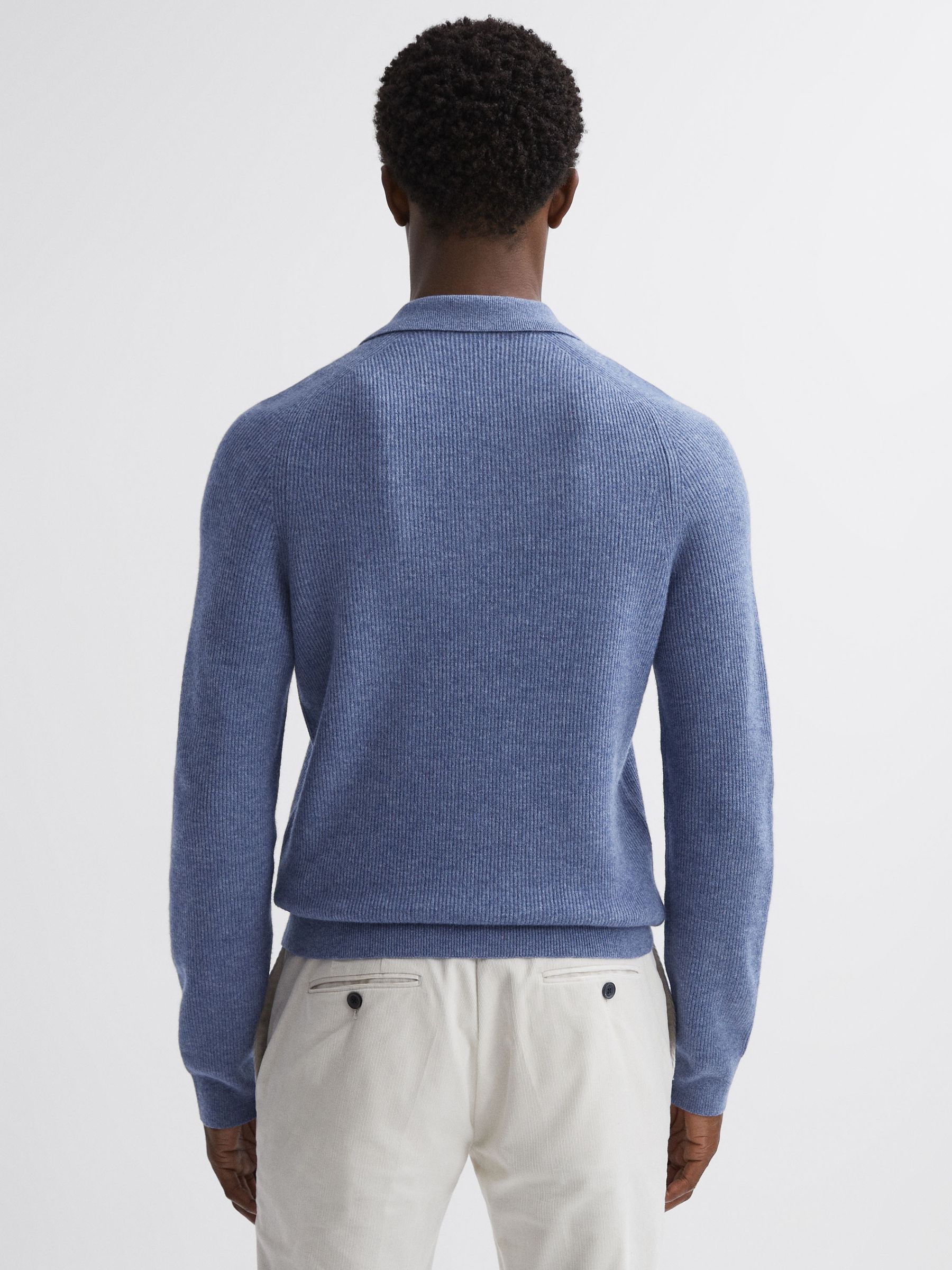 Wool Long Sleeve Polo Shirt in Blue Melange - Image 4 of 4