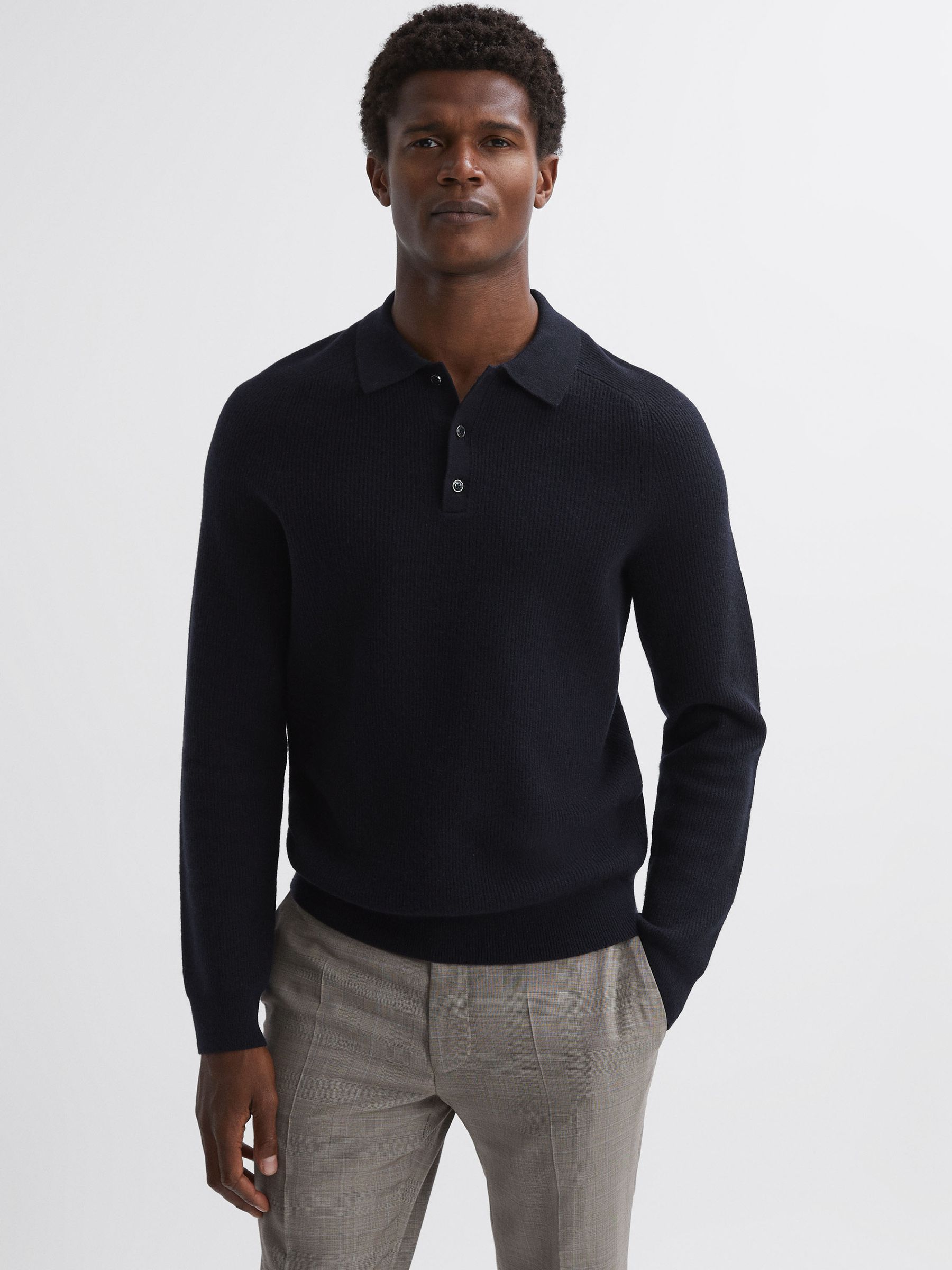 Wool Long Sleeve Polo Shirt in Navy - Image 1 of 5