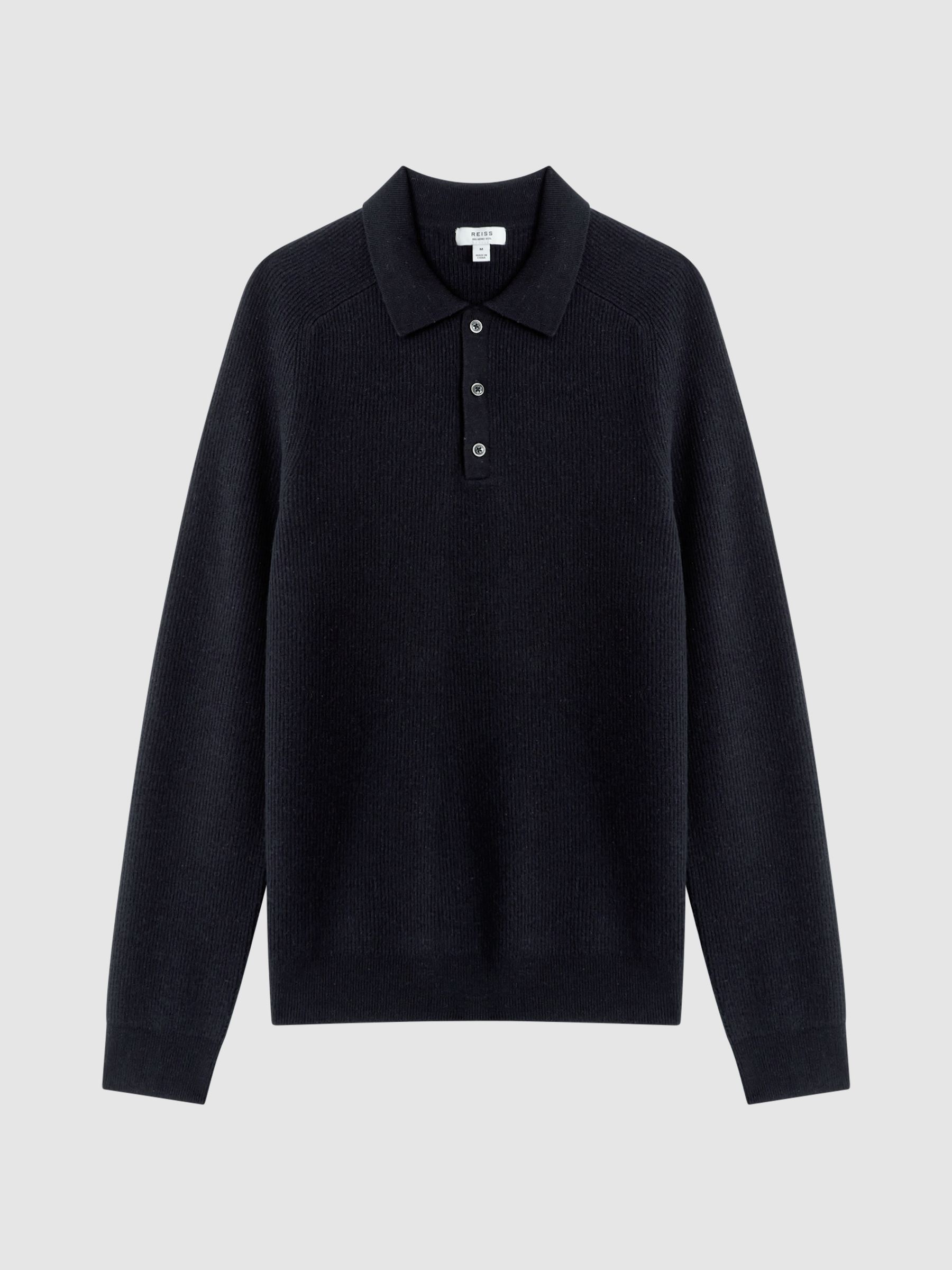 Wool Long Sleeve Polo Shirt in Navy - Image 2 of 5