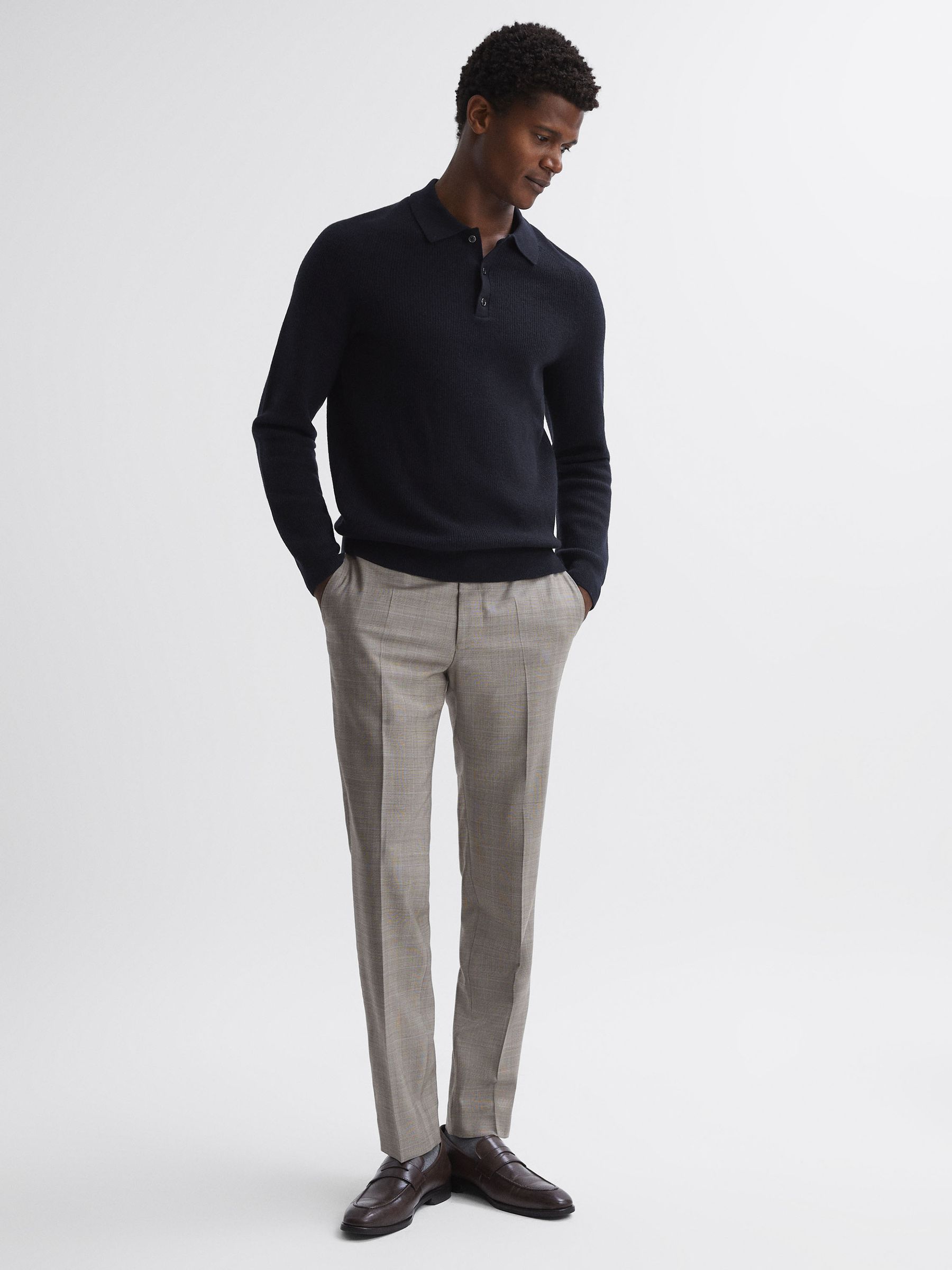 Wool Long Sleeve Polo Shirt in Navy - Image 3 of 5