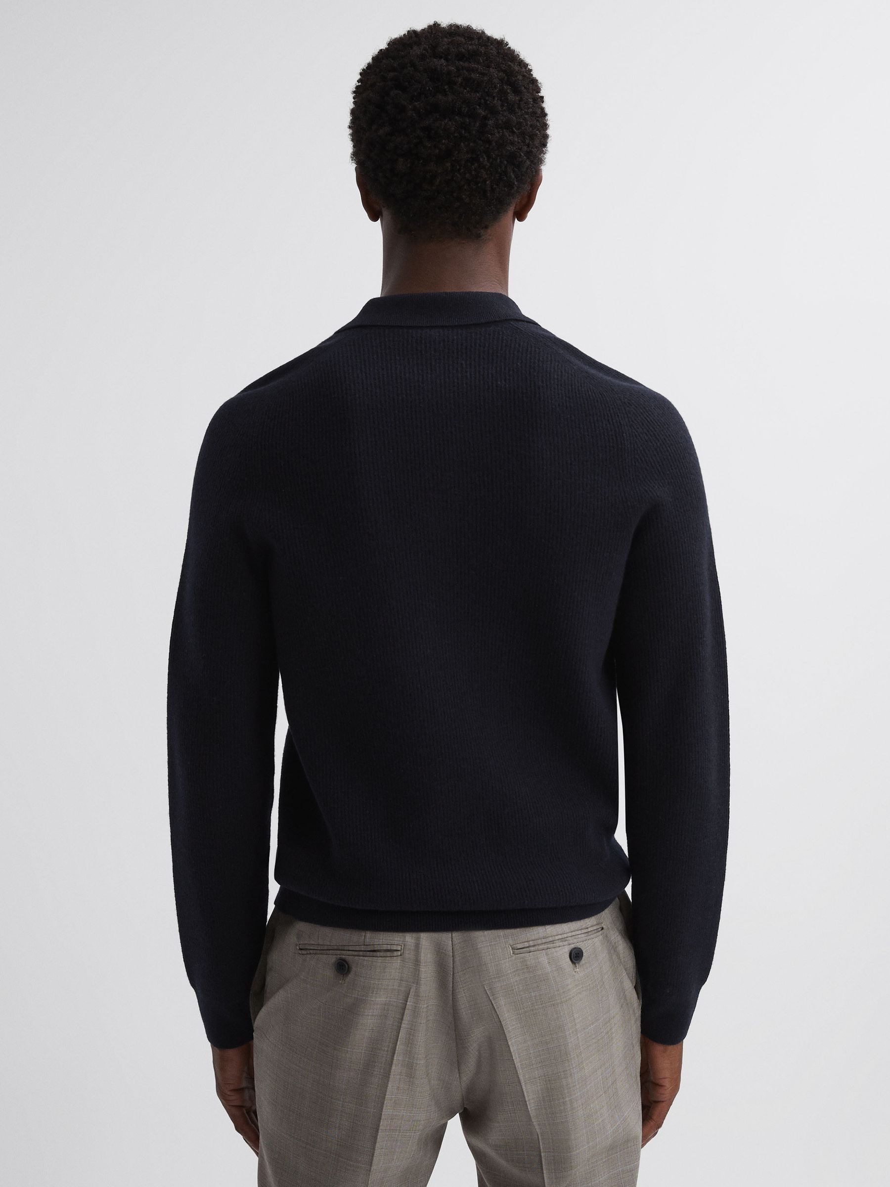 Wool Long Sleeve Polo Shirt in Navy - Image 5 of 5