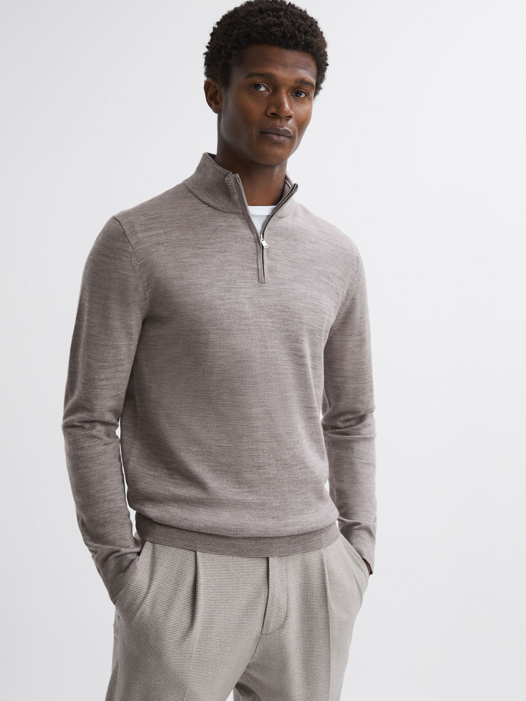 Merino Wool Half-Zip Funnel Neck Jumper in Woodsmoke - Image 1 of 5