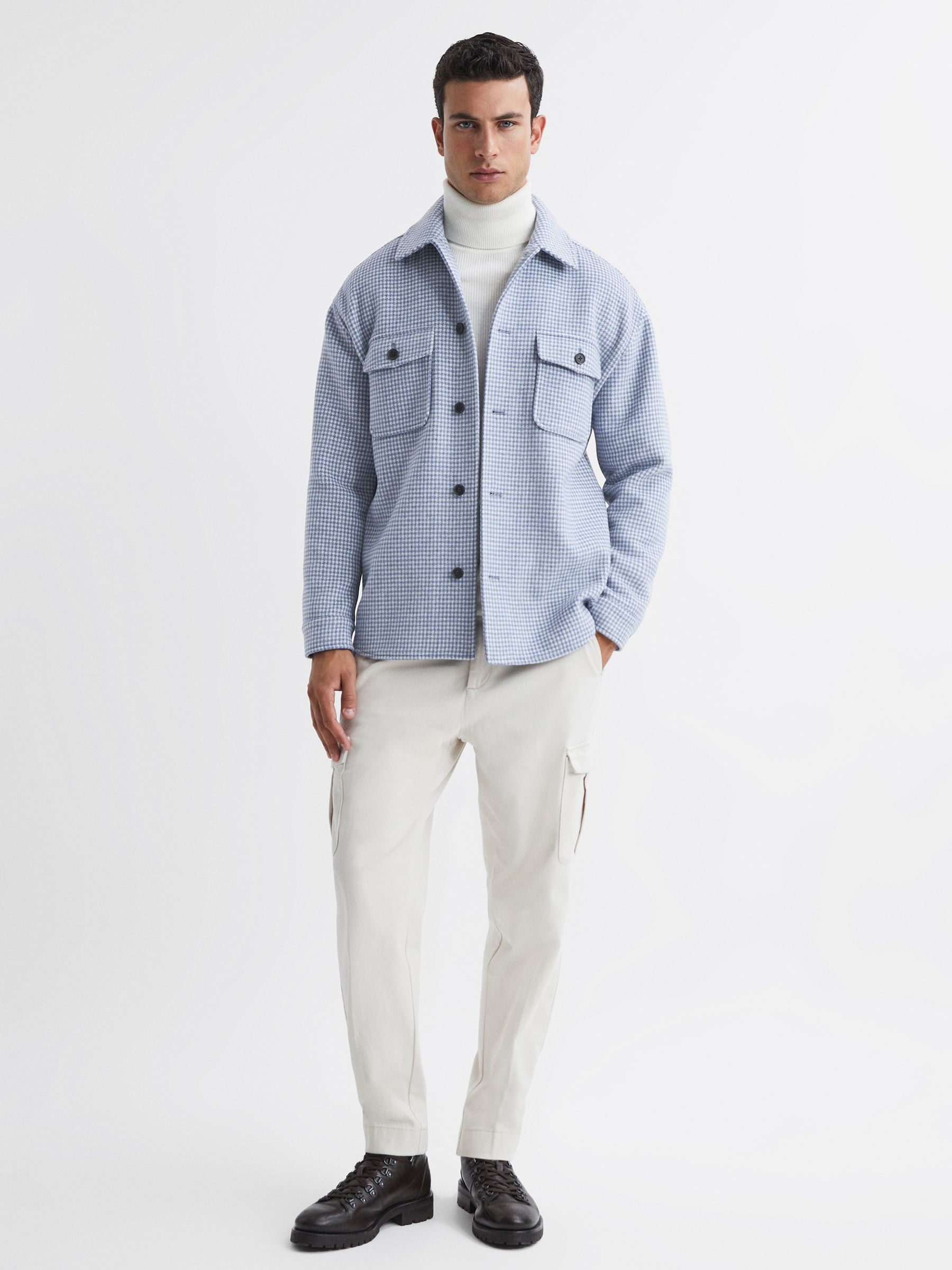Houndstooth Button-Through Overshirt in Soft Blue/White - Image 3 of 6