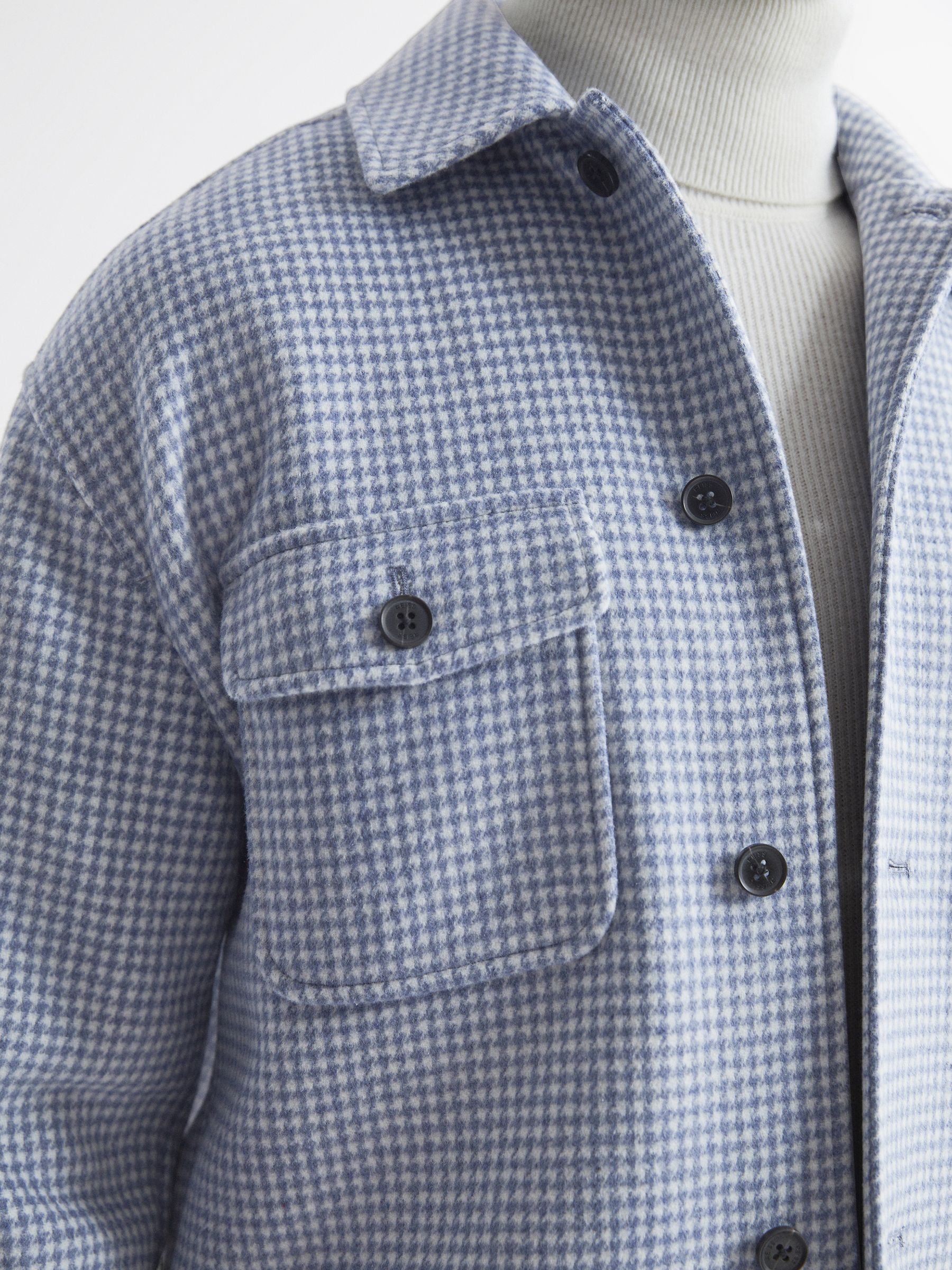 Houndstooth Button-Through Overshirt in Soft Blue/White - Image 5 of 6