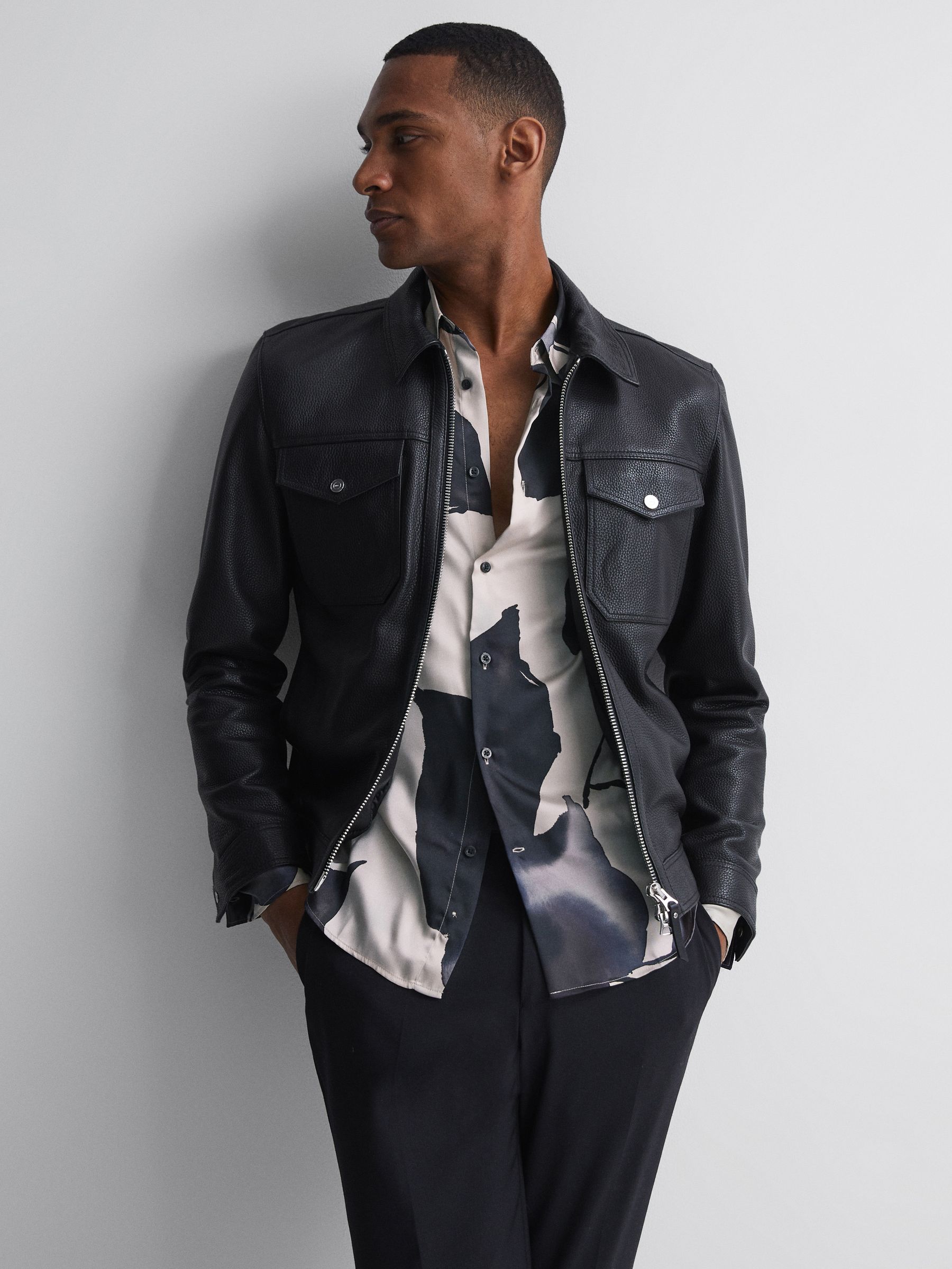 Reiss Printed Button-Through Shirt in Grey Multi - REISS