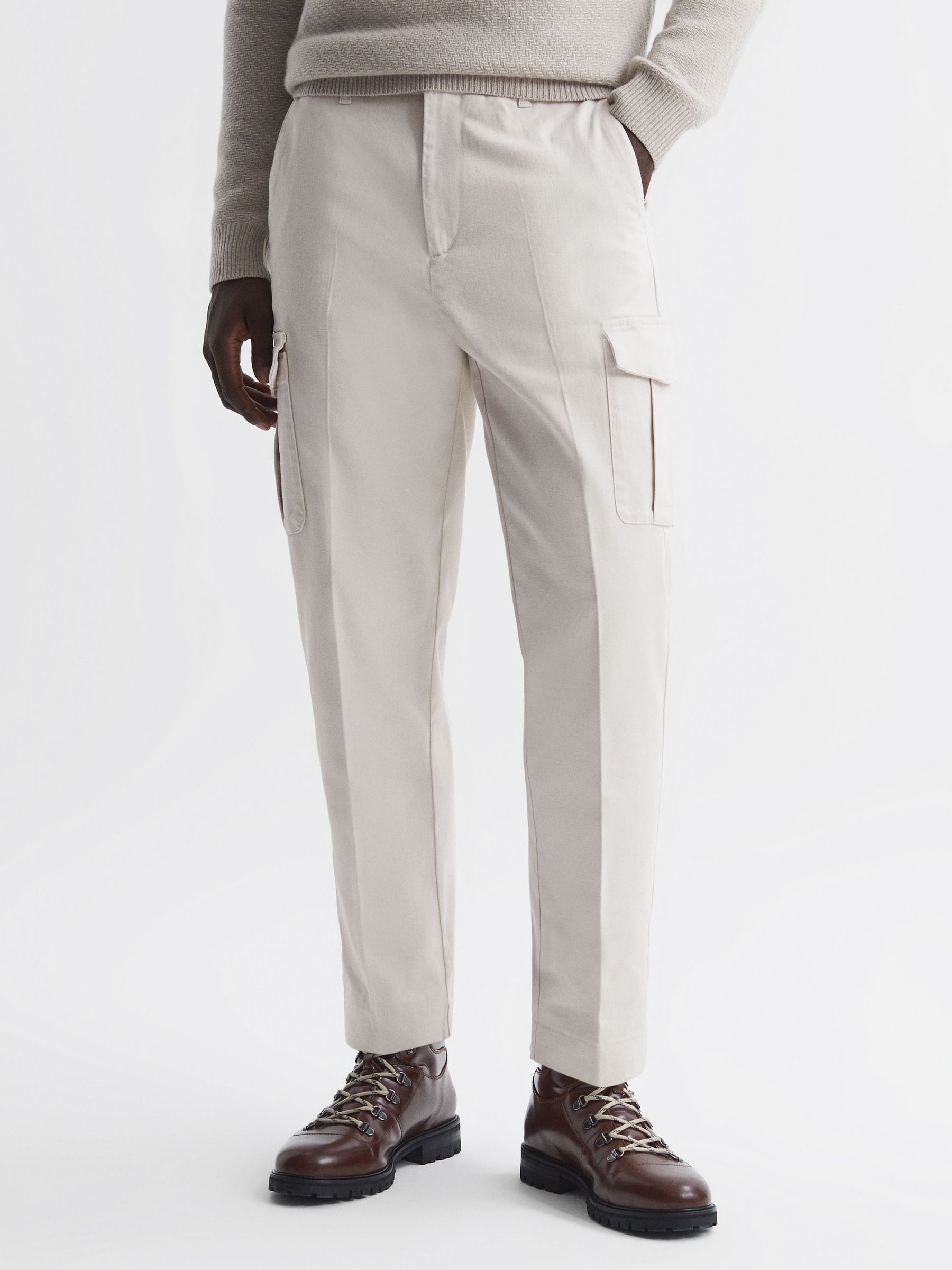 Tapered Brushed Cotton Cargo Trousers in Ecru - Image 1 of 5