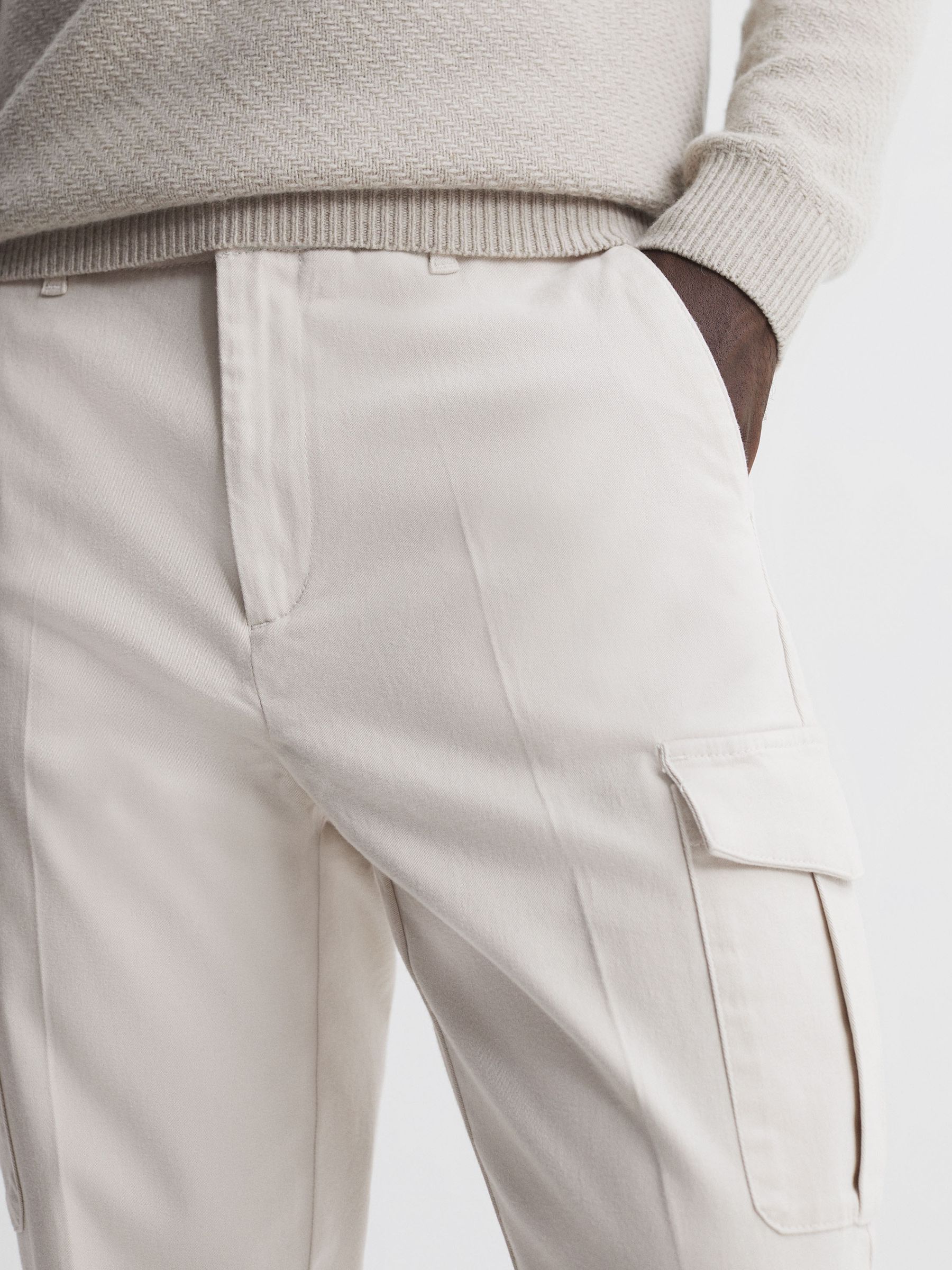 Tapered Brushed Cotton Cargo Trousers in Ecru - Image 3 of 5
