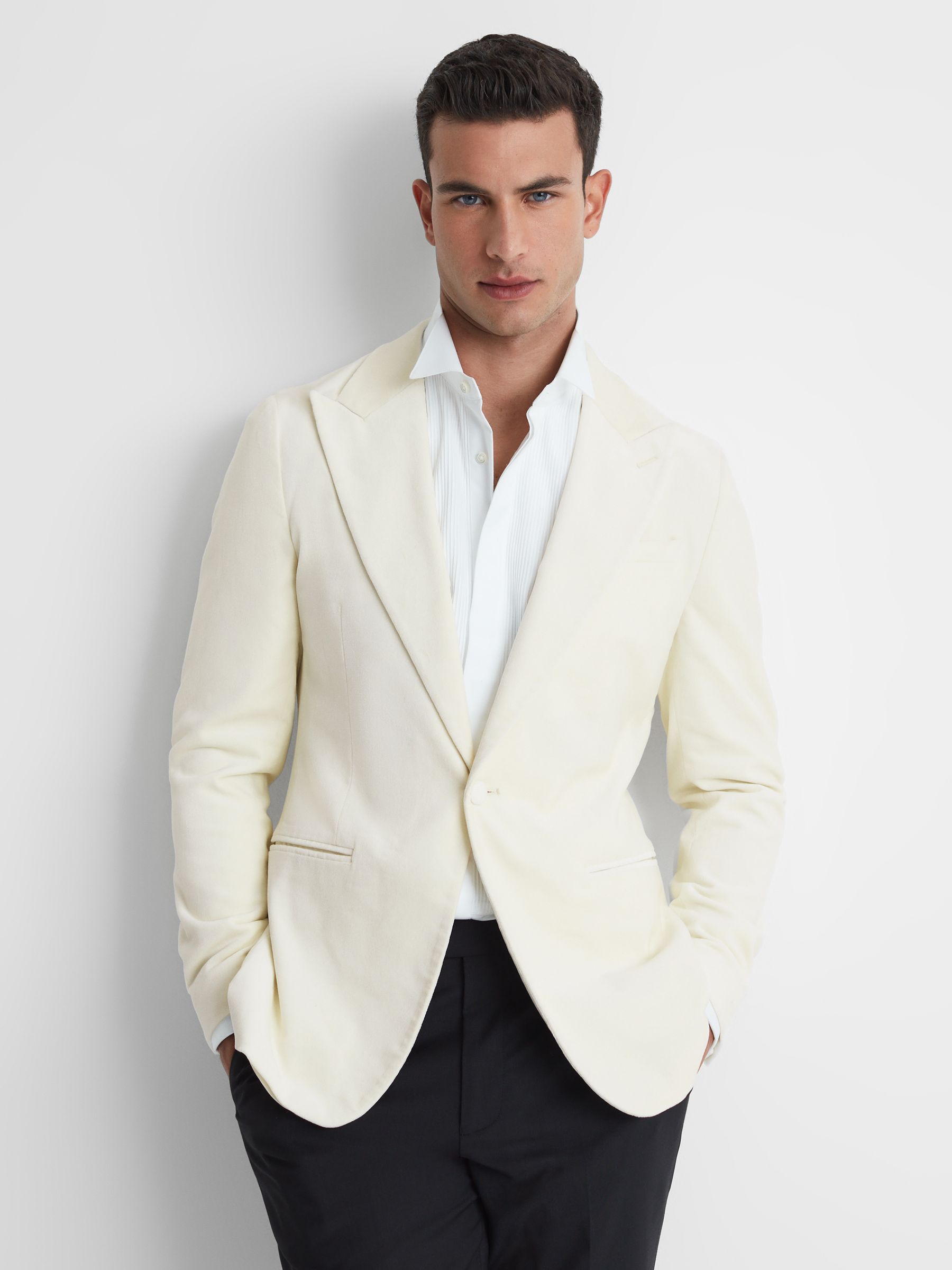 Slim Fit Velvet Single Breasted Blazer in White - Image 1 of 8