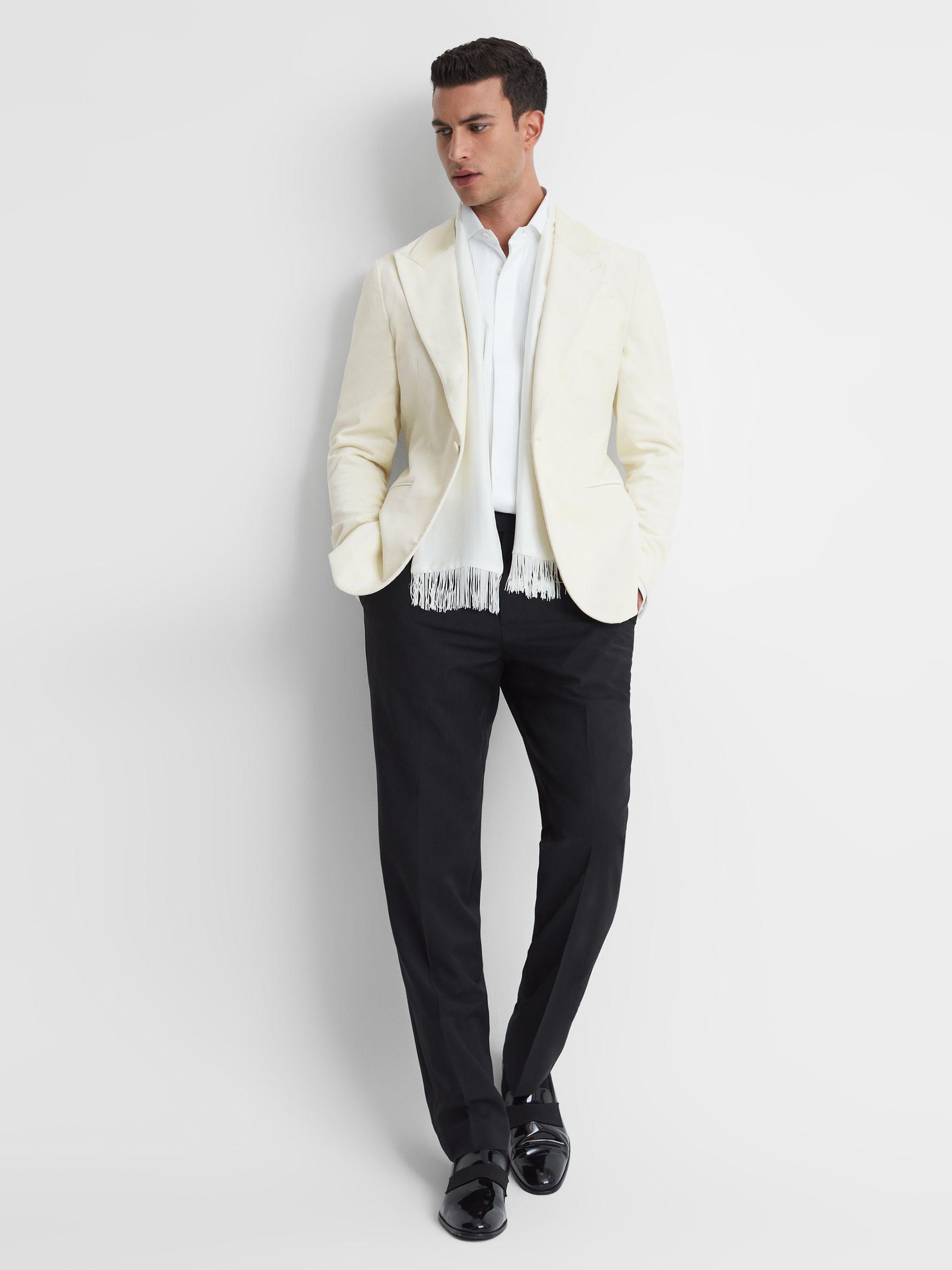 Slim Fit Velvet Single Breasted Blazer in White - Image 3 of 8