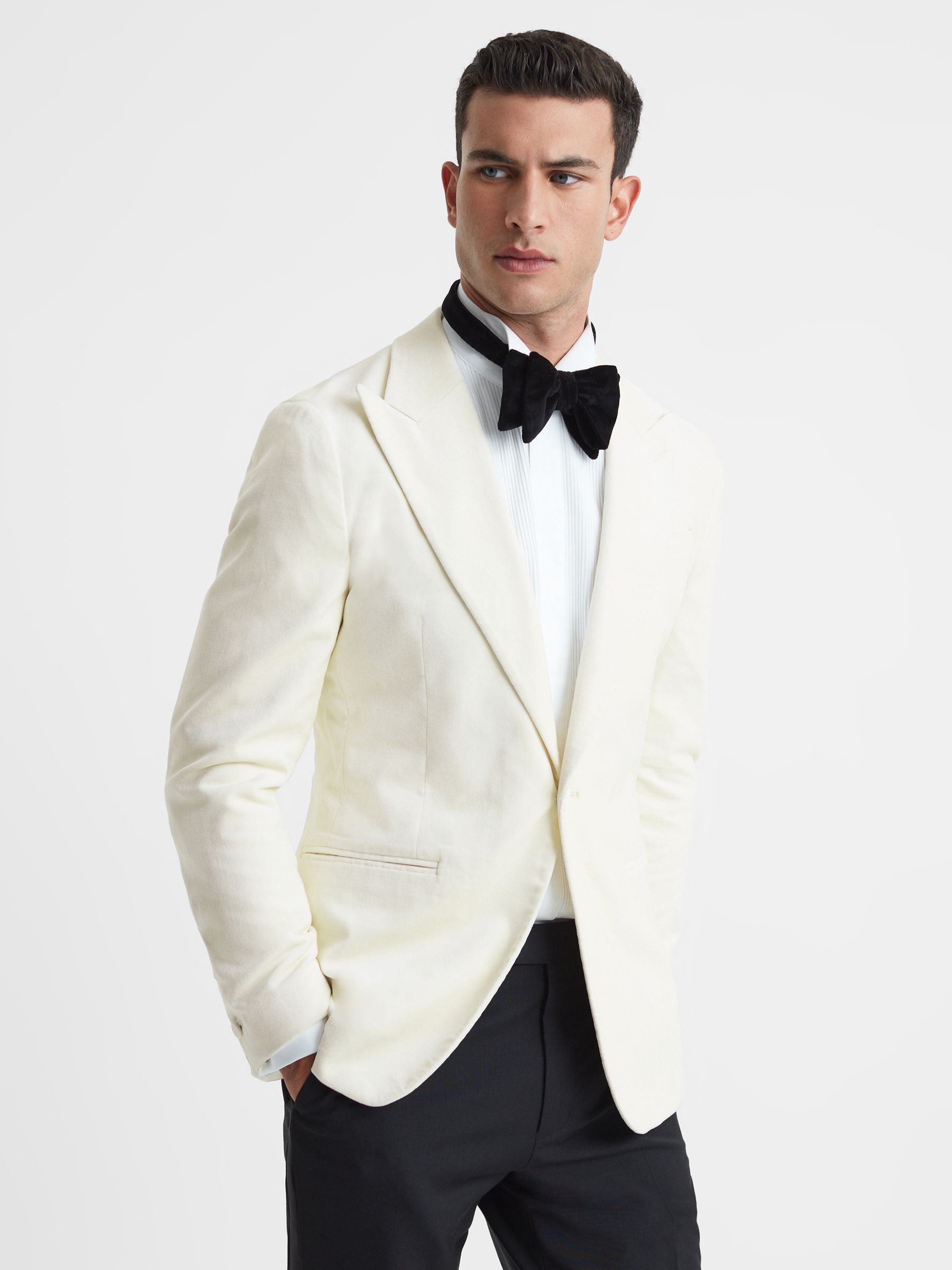 Slim Fit Velvet Single Breasted Blazer in White - Image 4 of 8